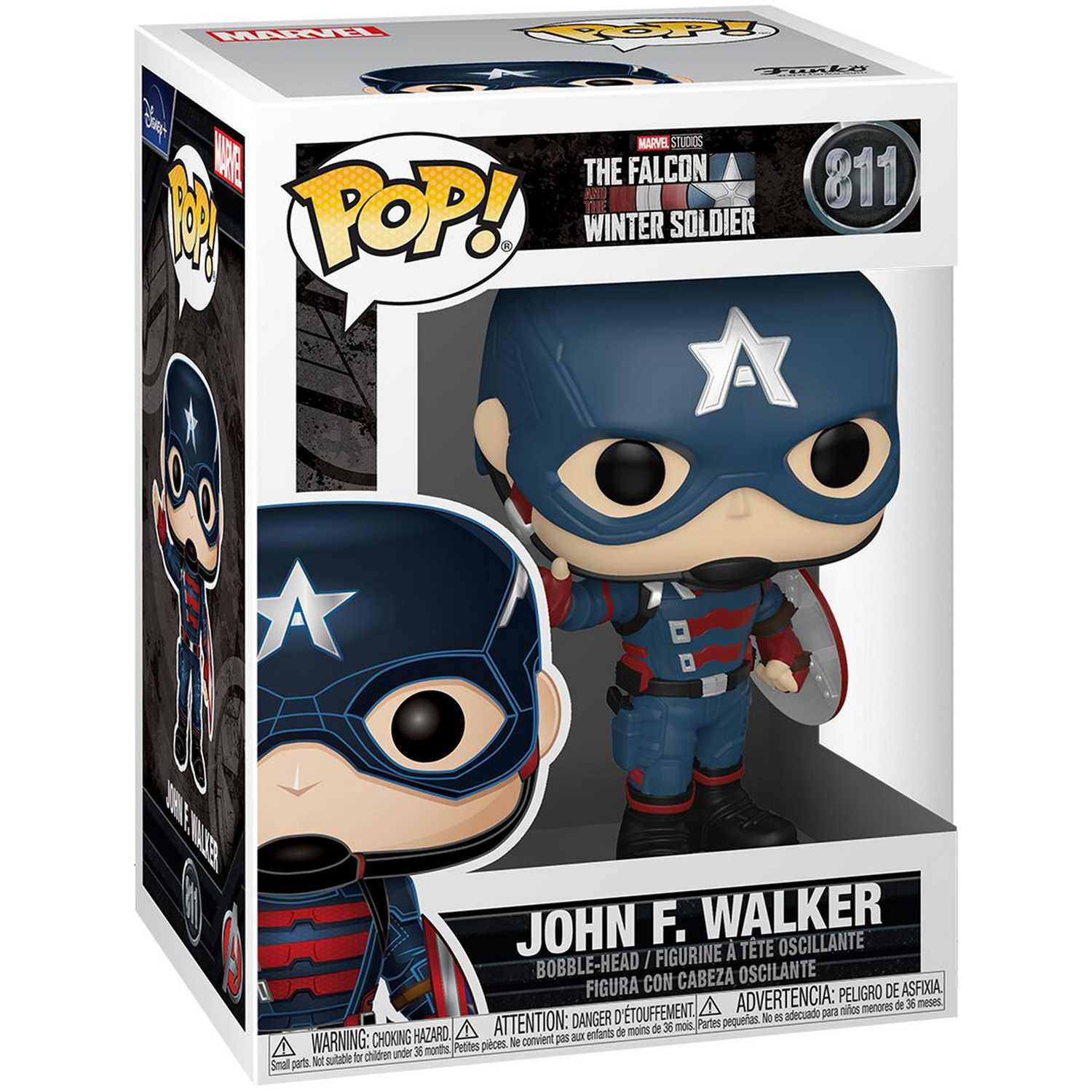 Una figura Funko Pop del Capitán América en una caja. La caja muestra la figura con la marca Falcon y Winter Soldier.