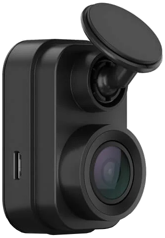 Zwarte dashcam met een houder en een lens, op een witte achtergrond.