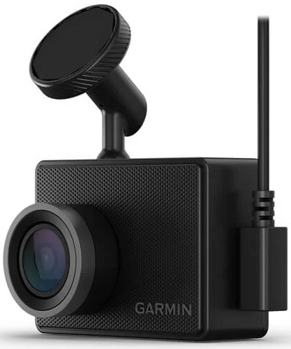Caméra de tableau de bord Garmin noire avec objectif, antenne et support, isolée sur fond blanc.