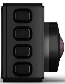 Une caméra noire montre le côté avec les boutons et un objectif.