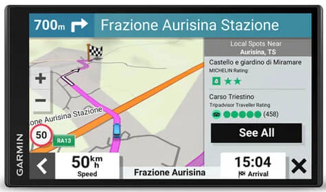 Un écran de navigation GPS affichant une carte et des indications.