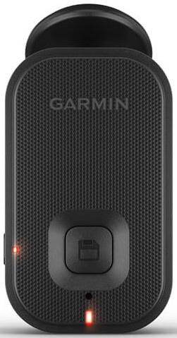Garmin-apparaat. Zwart Garmin-apparaat met een gestructureerde achterkant, rode lampjes en een knop.