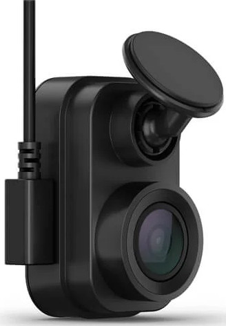 Een zwarte dashcam met een lens en een antenne, op een witte achtergrond.