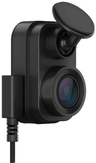 Een zwarte dashcam met lens, houder en kabel.