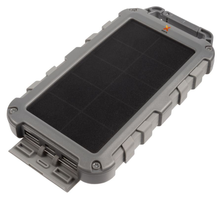 Graues, robustes Solarladegerät mit schwarzem Solarpanel und offenem USB-Anschluss.