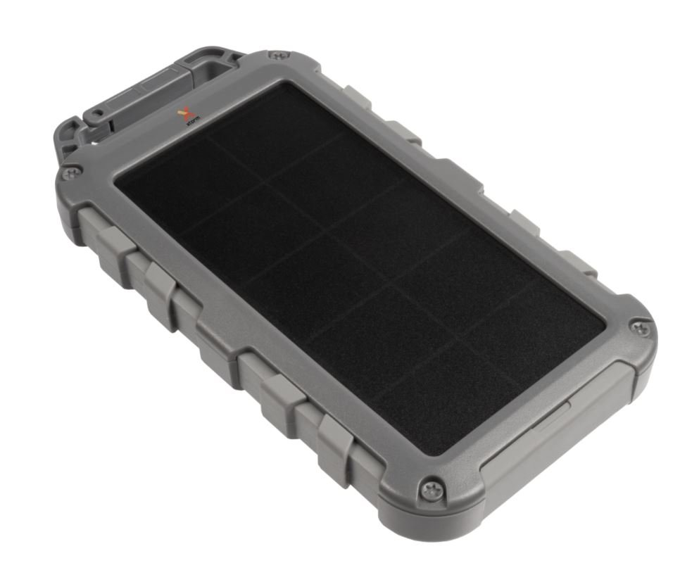 Graues, robustes Solarpanel-Ladegerät. Rechteckig, mit strukturierter Oberfläche und Griff.