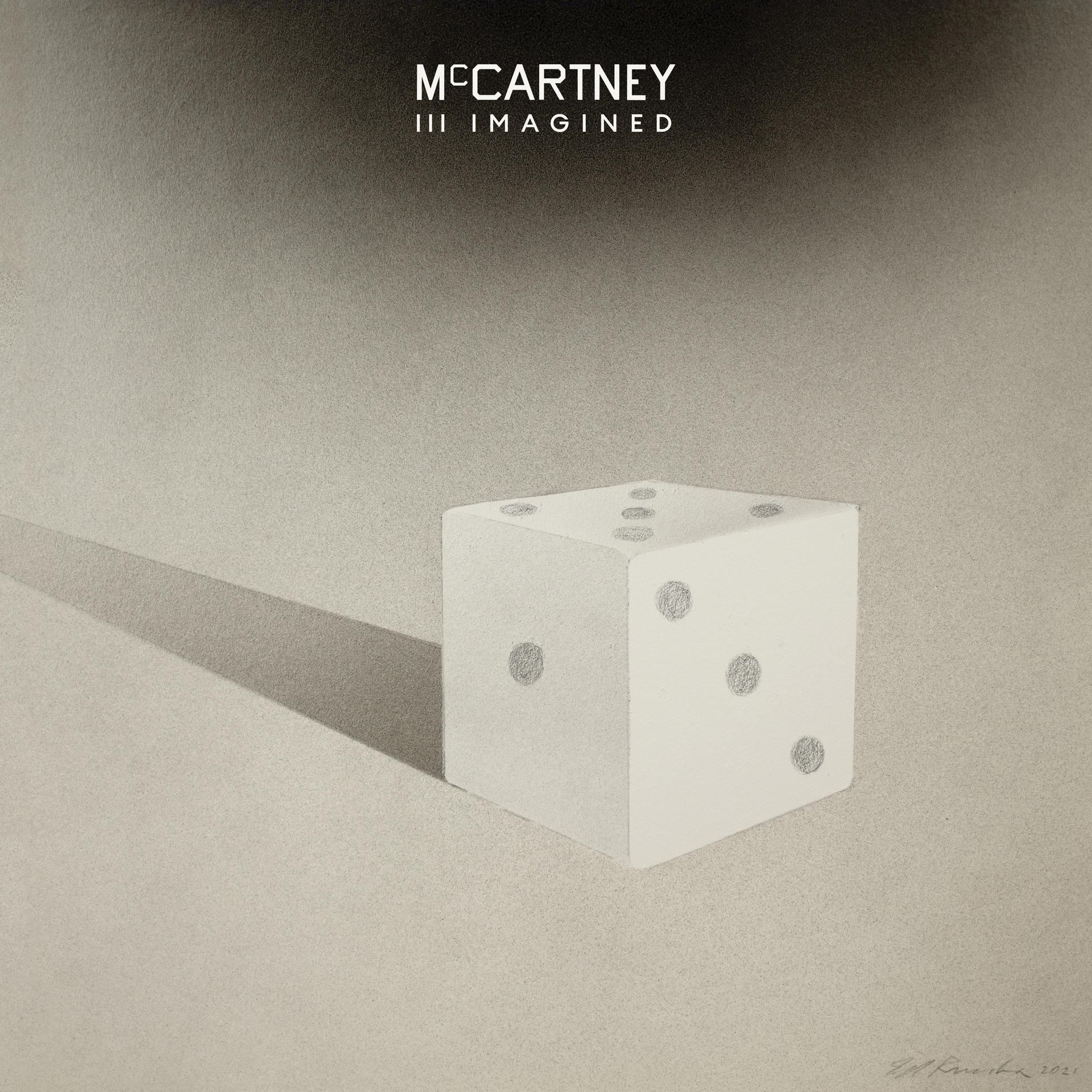 Fehér kocka szürke felületen. Az árnyék balra esik. A 'McCartney' szó felül, és 'III Imagined'.