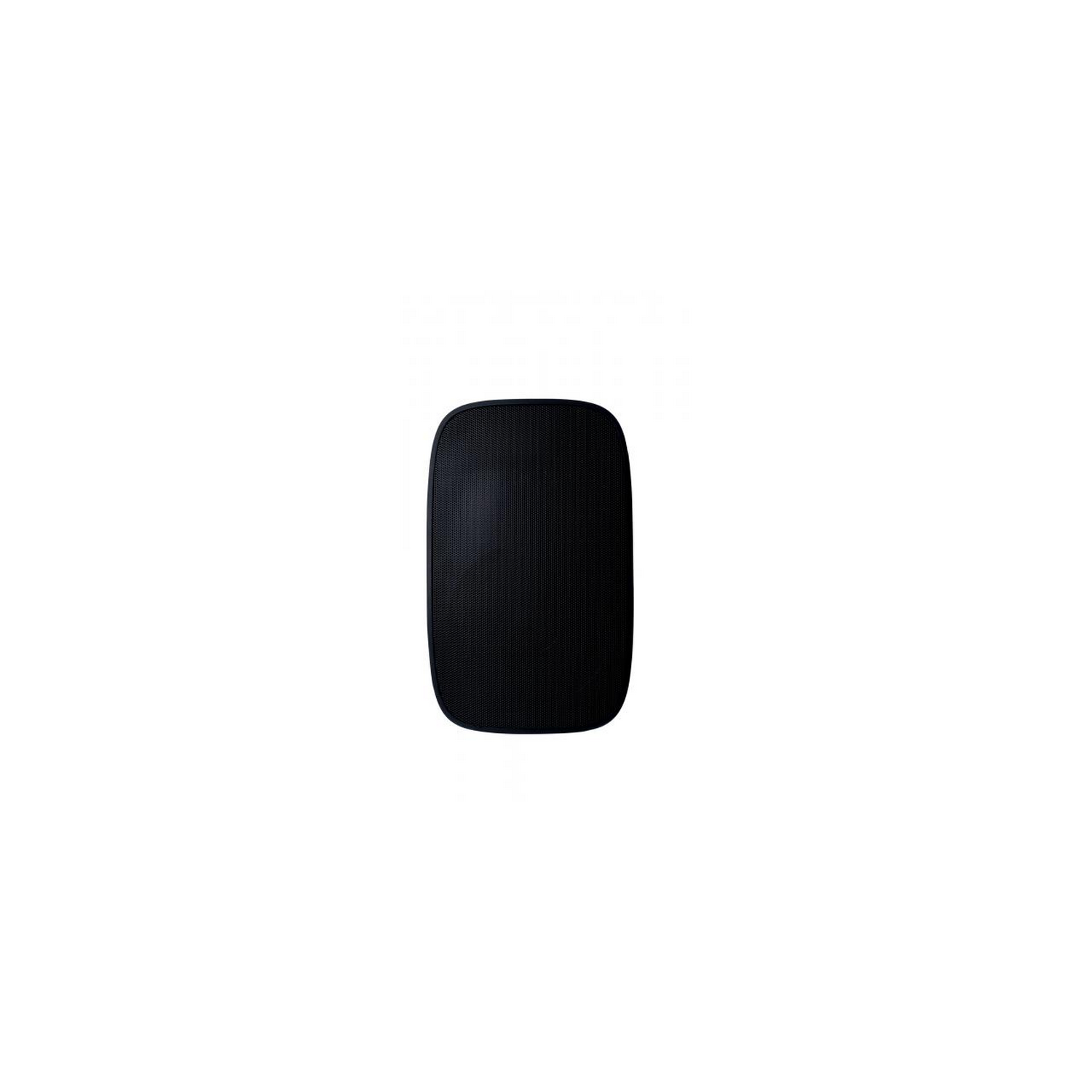 Altavoz negro sobre una superficie blanca, aislado, con diseño simple.