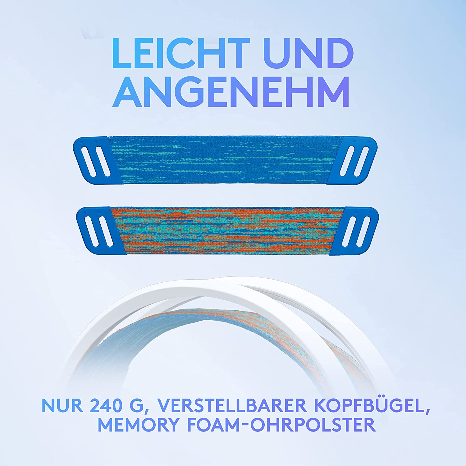 Zwei blau-orangefarbene Stirnbänder mit Text über Leichtigkeit und Komfort.