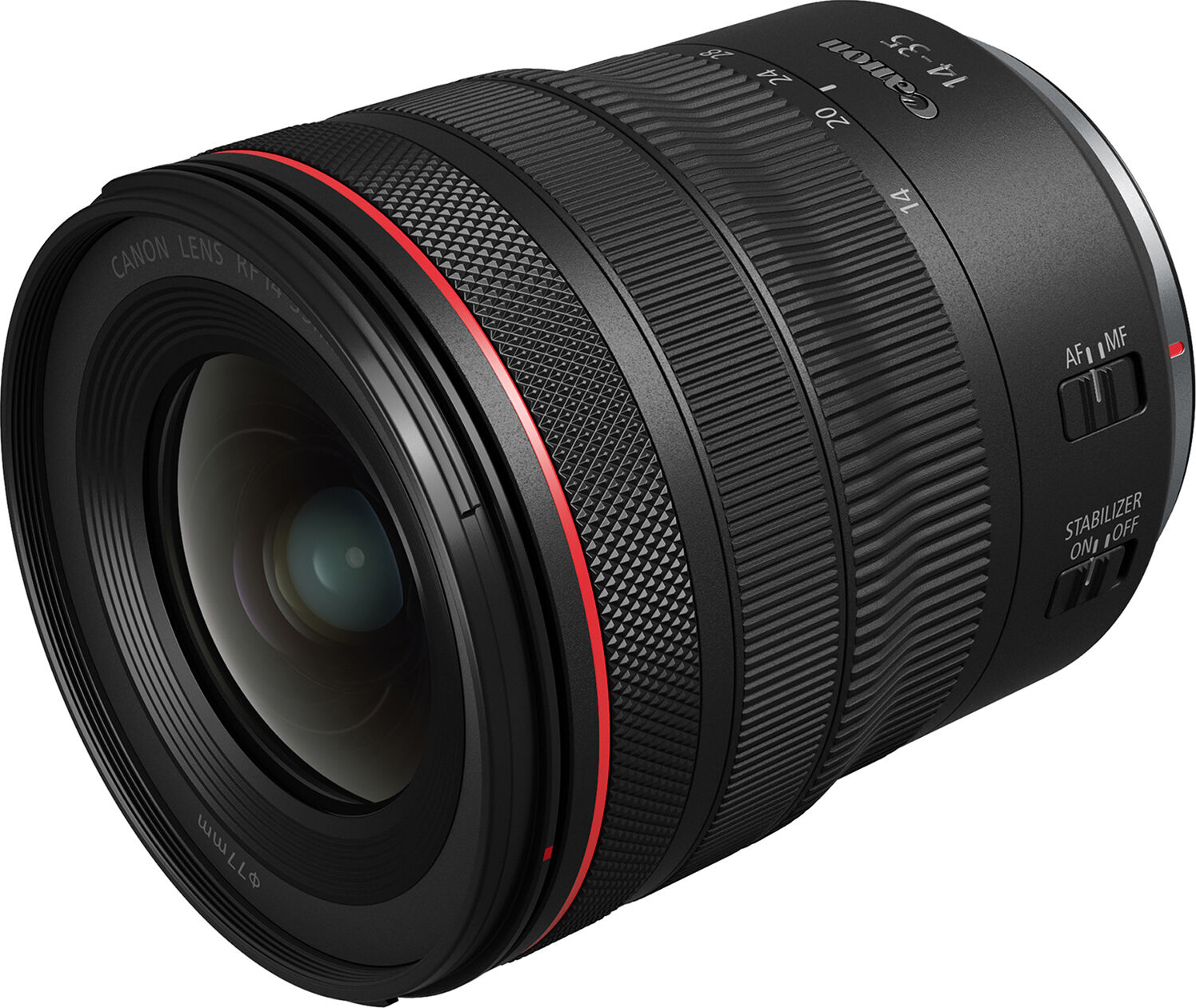 Objectif Canon 14-35mm avec détail d'anneau rouge, corps noir et marquages.