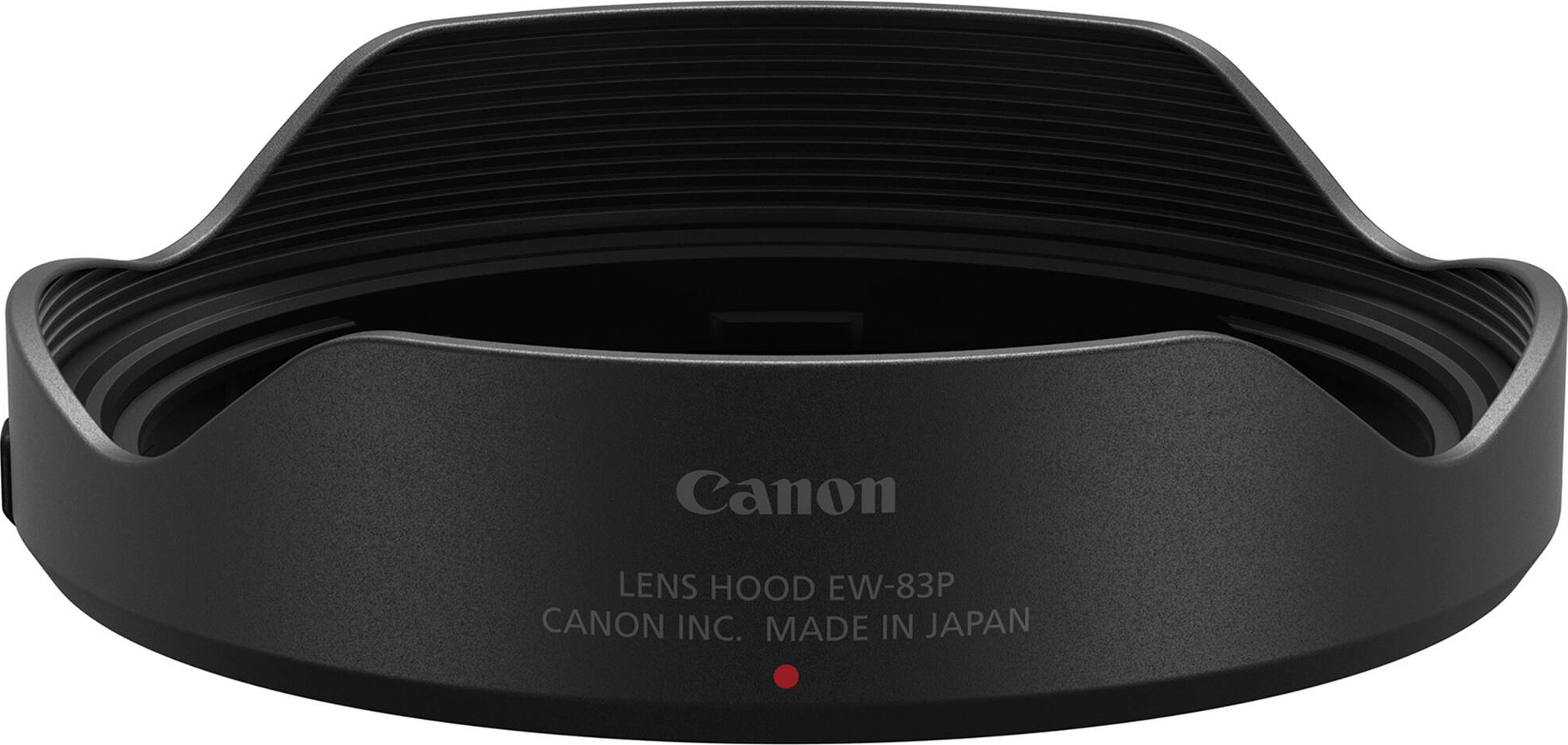 Un pare-soleil Canon. Il est noir et porte le logo Canon. Le pare-soleil est à l'envers sur fond blanc.