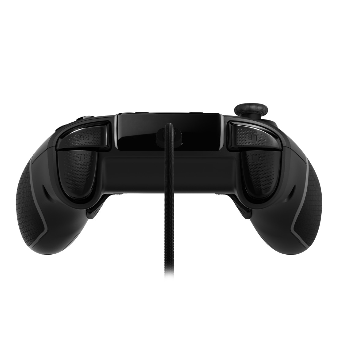 Schwarzer Gaming-Controller, der die Rückseite mit Tasten und einem Kabel zeigt.