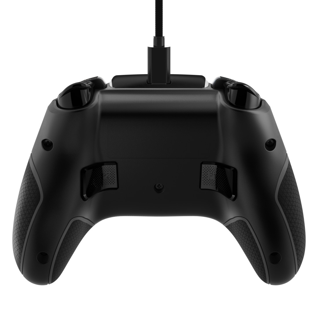 Rückansicht eines schwarzen Gamecontrollers mit Kabel. Er hat Trigger und Knöpfe.