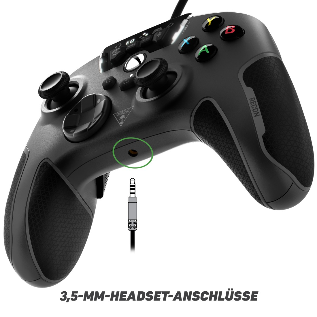 Ein schwarzer Gamecontroller mit Knöpfen. Der Controller hat eine 3,5-mm-Headsetbuchse.