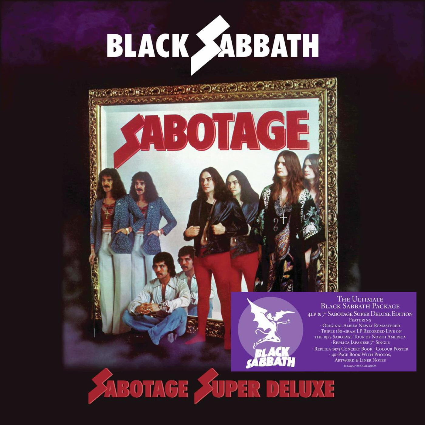Black Sabbath album borítója, a zenekarral arany keretes tükörben és szöveggel.