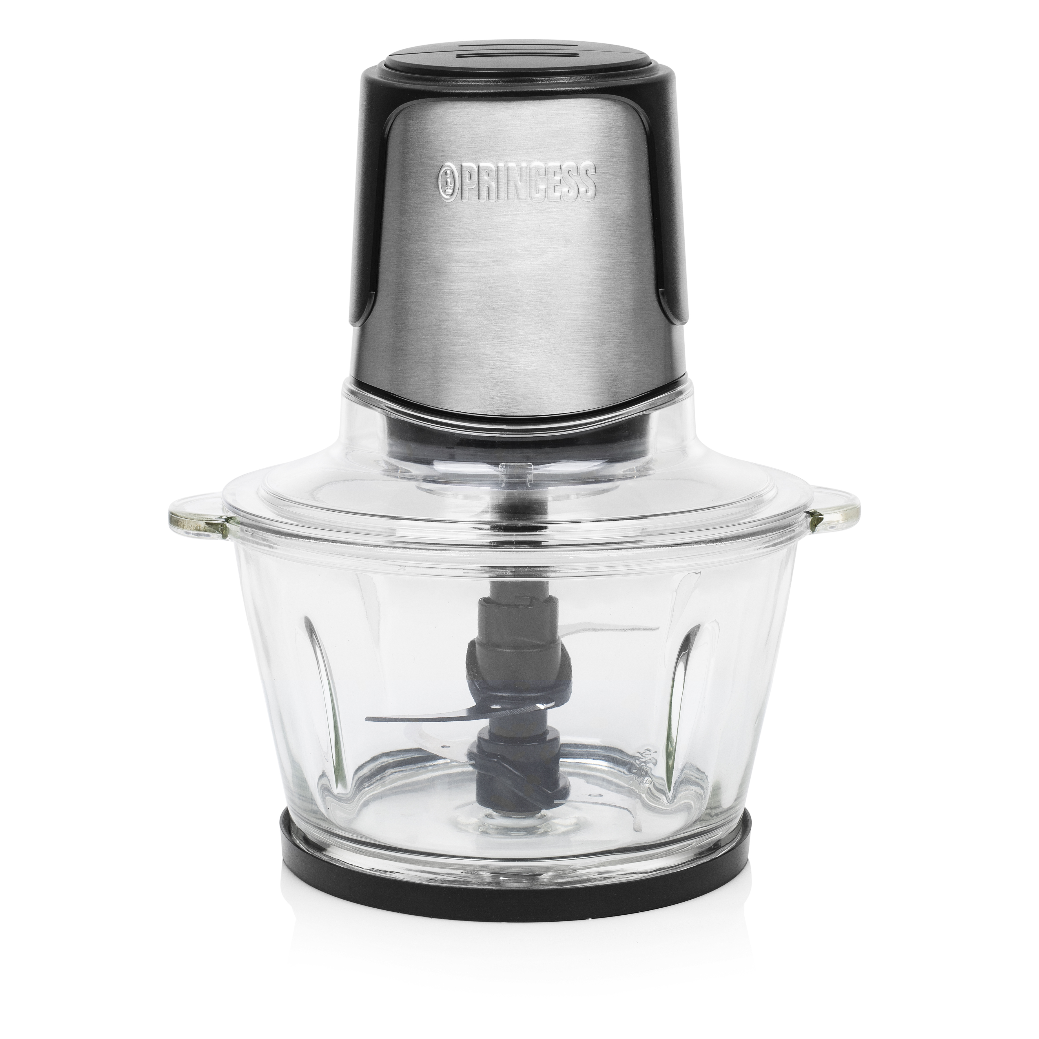 Een Princess foodprocessor met glazen kom, roestvrijstalen bovenkant en zwarte basis.
