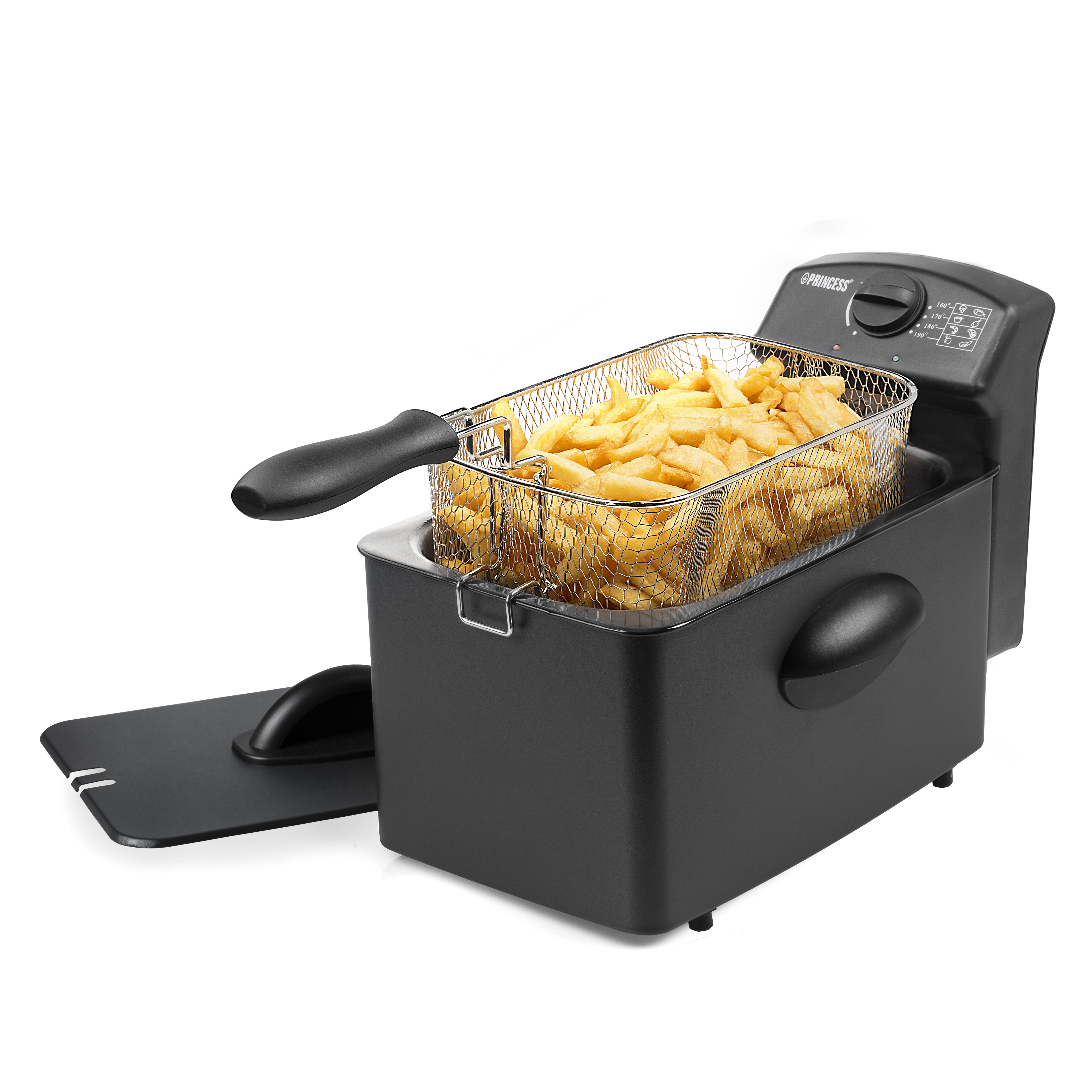 Black deep fryer with a basket full of golden French fries.