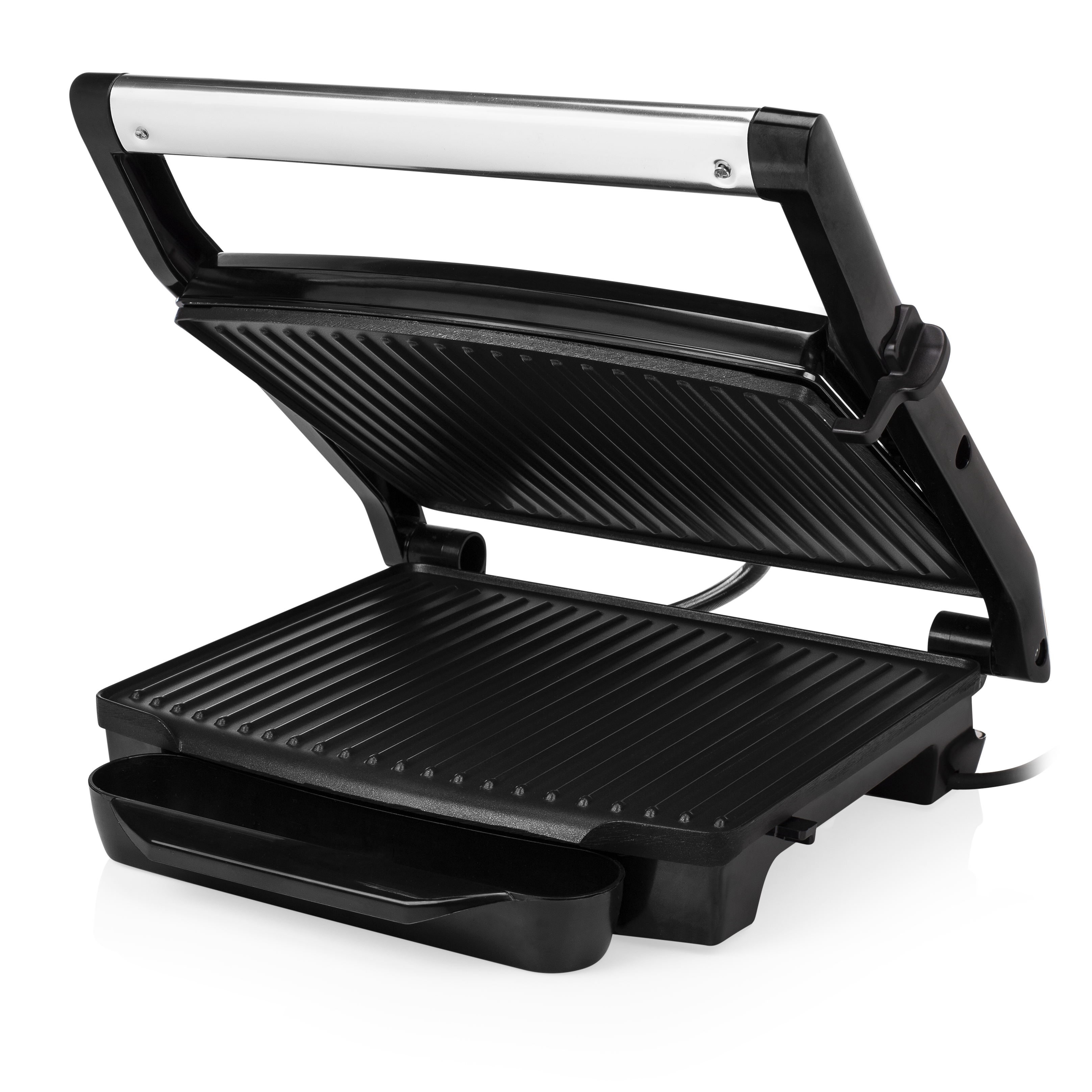 Black grill with open lid. The grill is open and ready to use.
