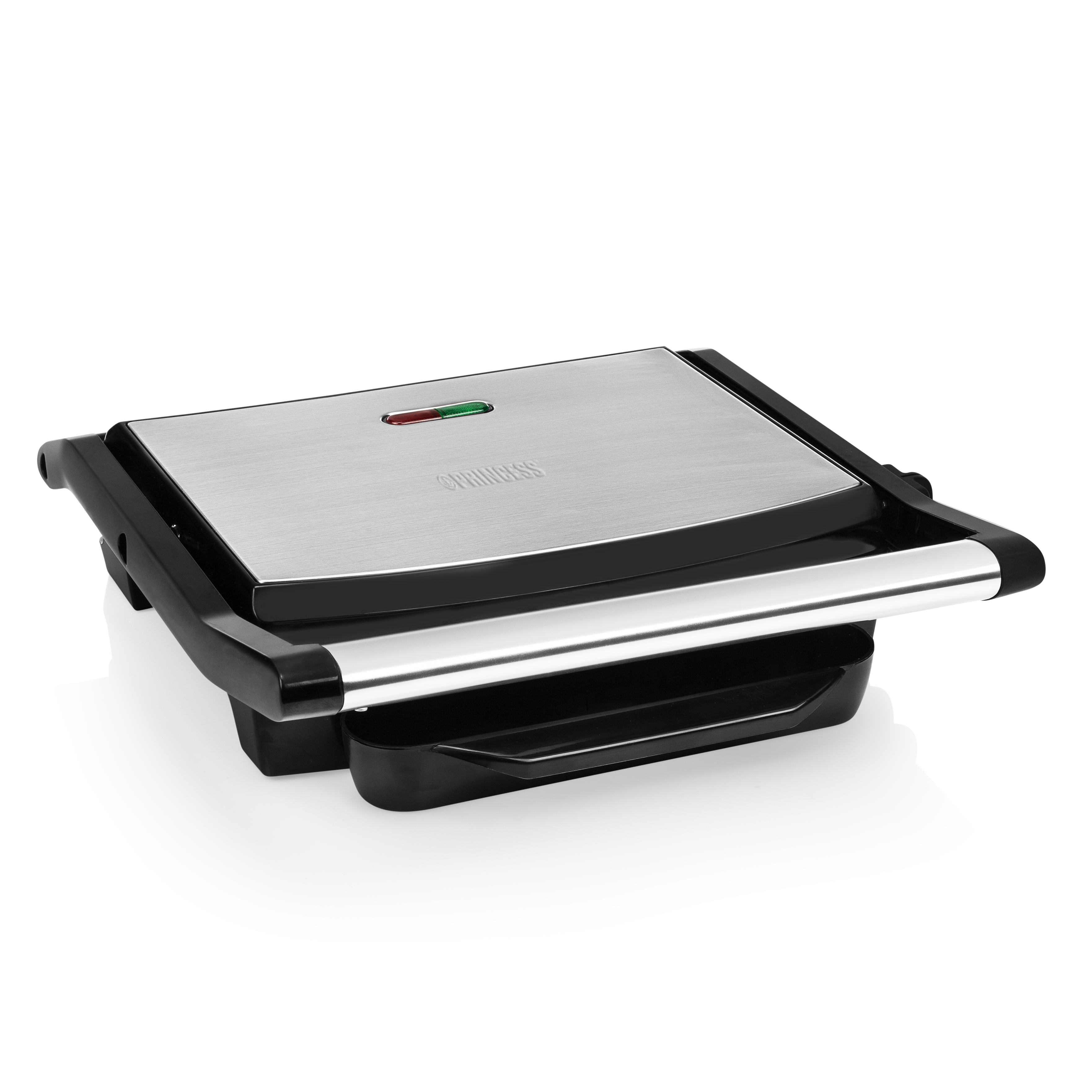 Closed panini grill, silver top, black base. Green and red light on top.