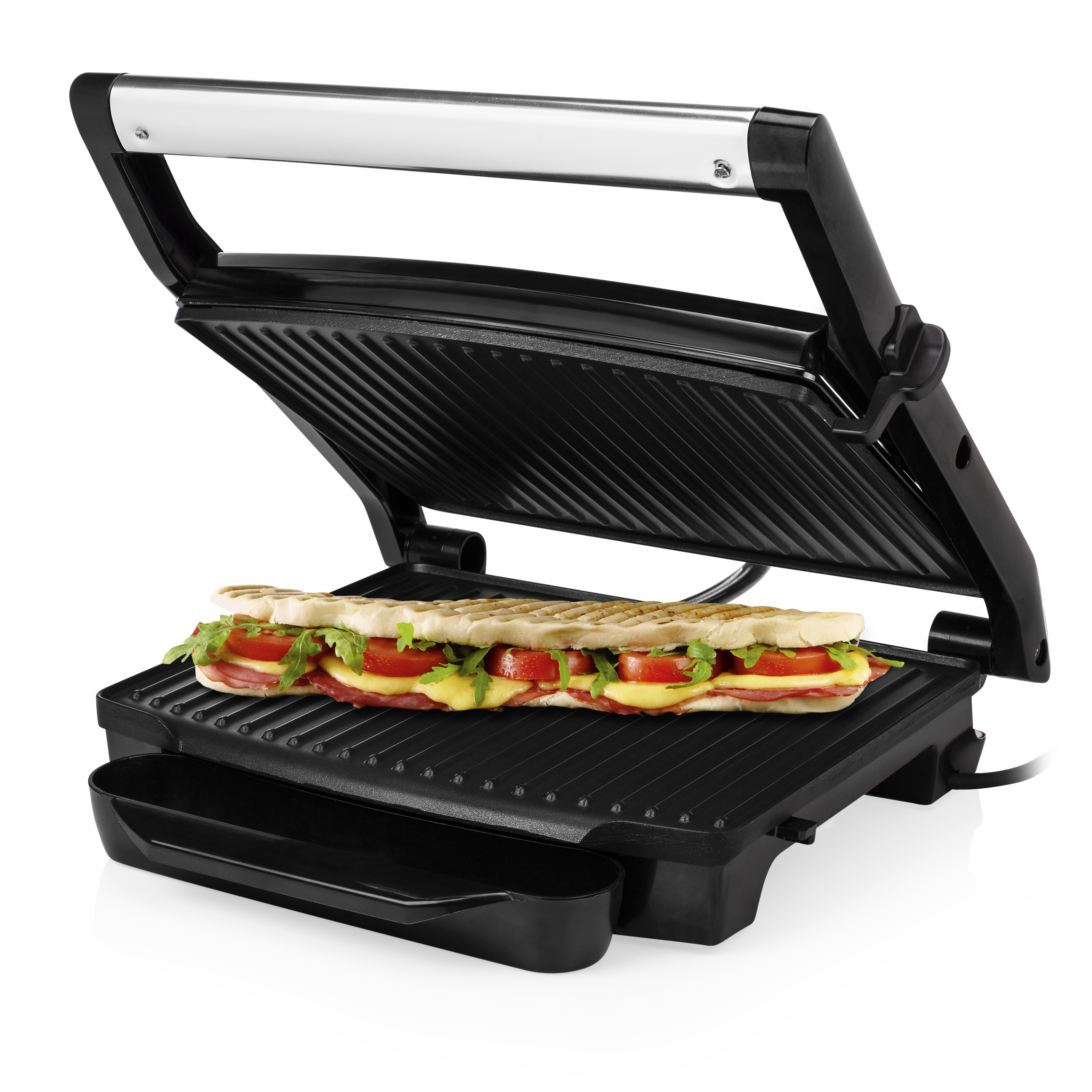 Black panini press with a cooked sandwich inside.
