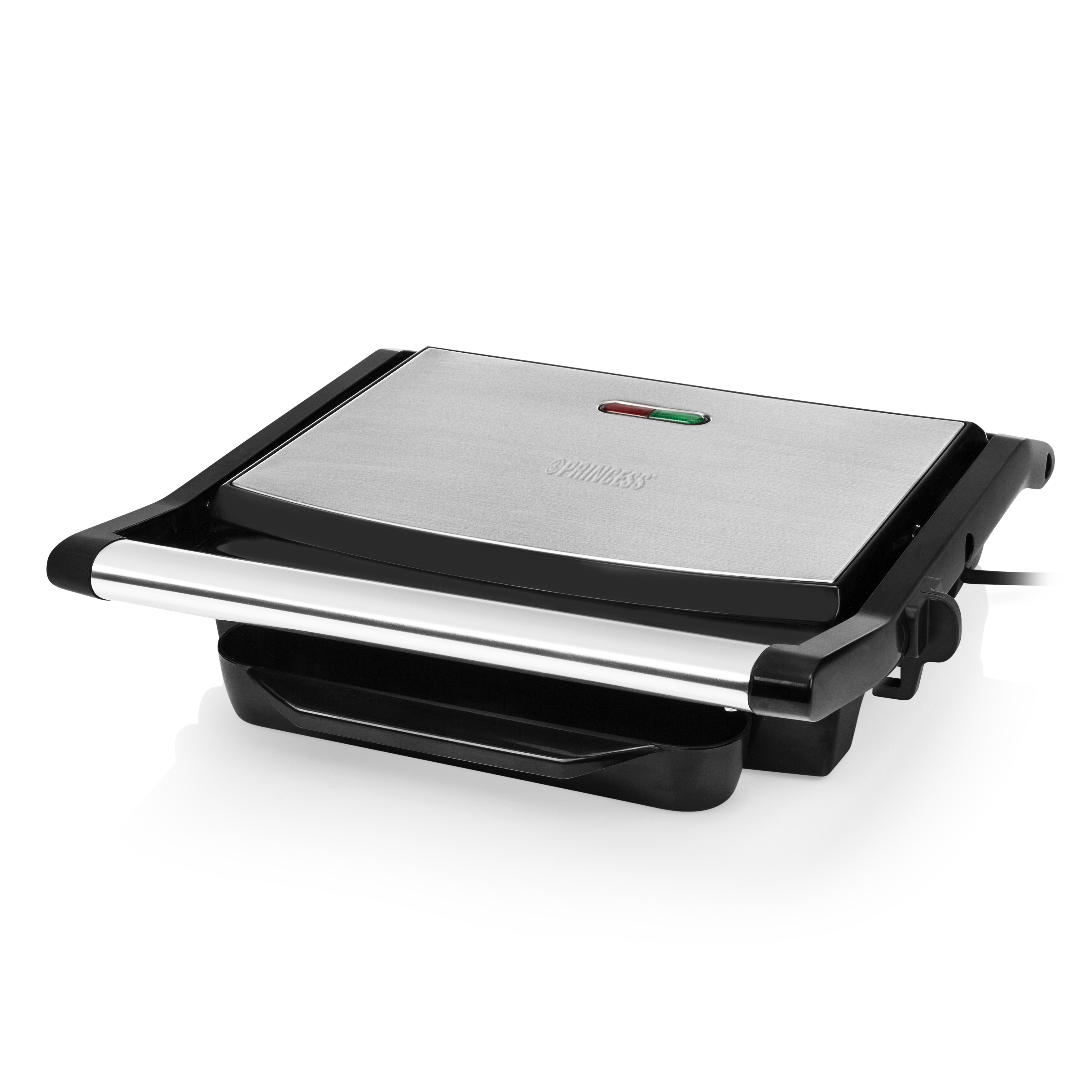 Silver and black Princess grill with a handle, red/green lights, on a white background.
