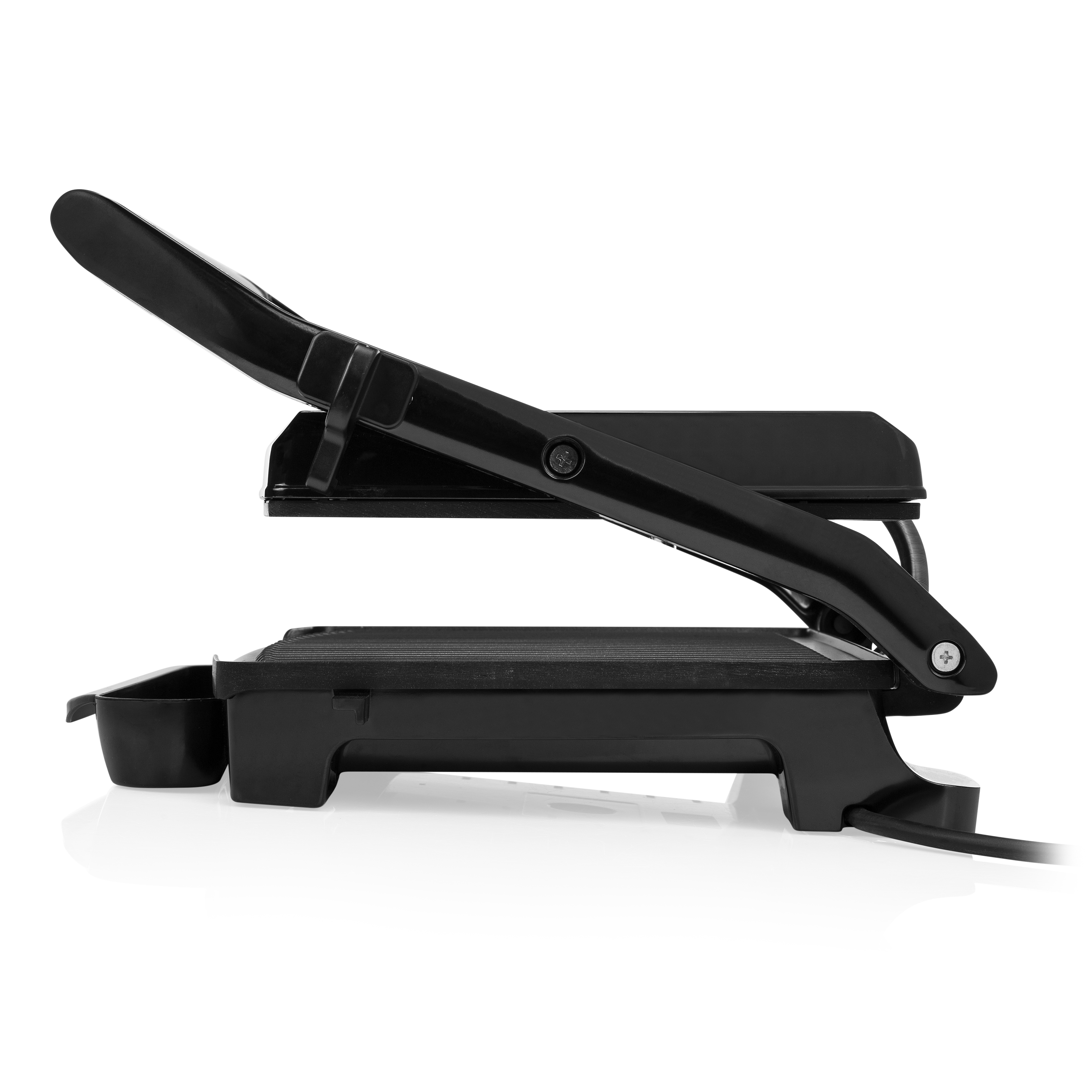 A black panini press, open, showing the cooking surface, on a white background.