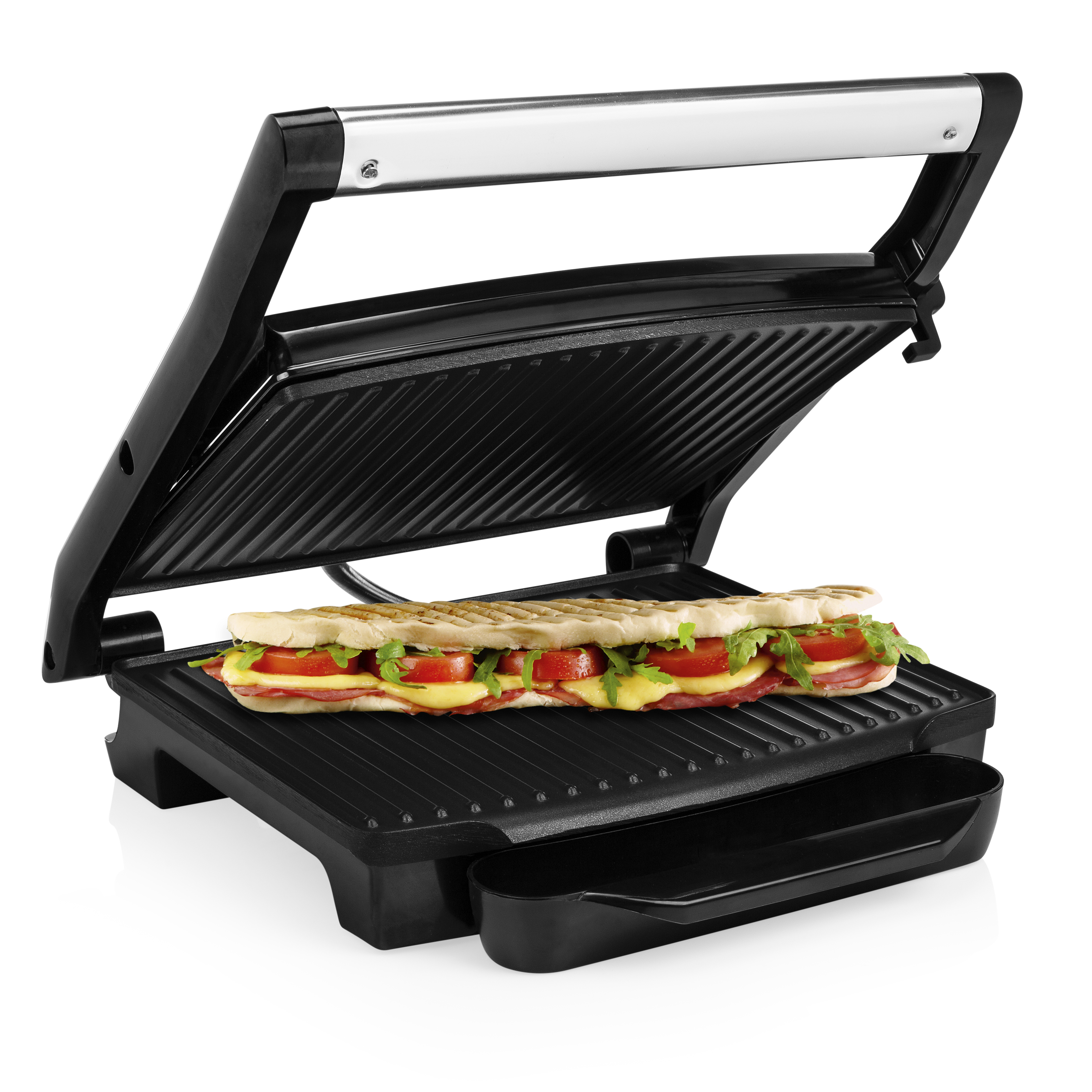 Panini grill with a long sandwich inside, open, black. Tray on the bottom.
