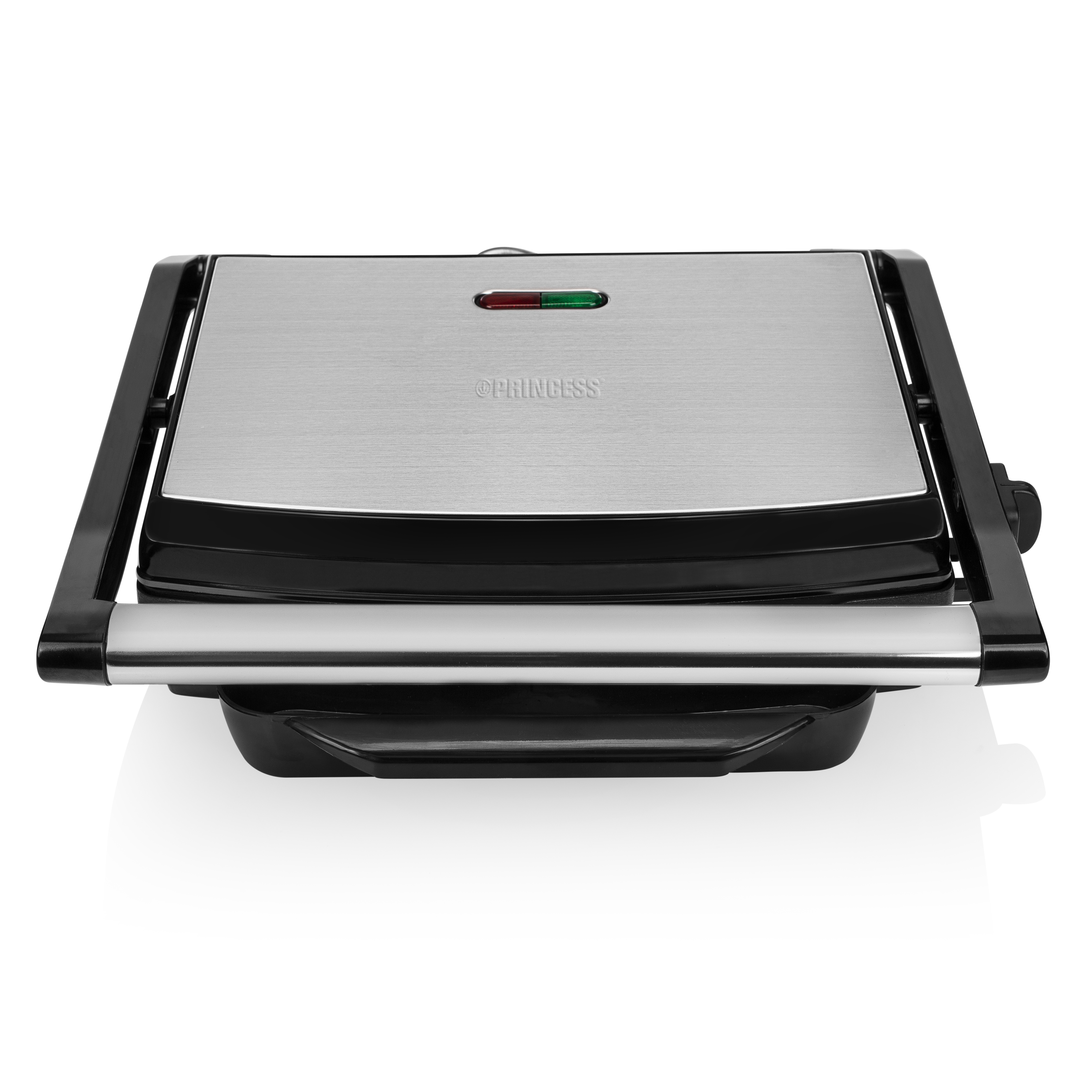 Sandwich maker on a white background. Red and green lights are on.