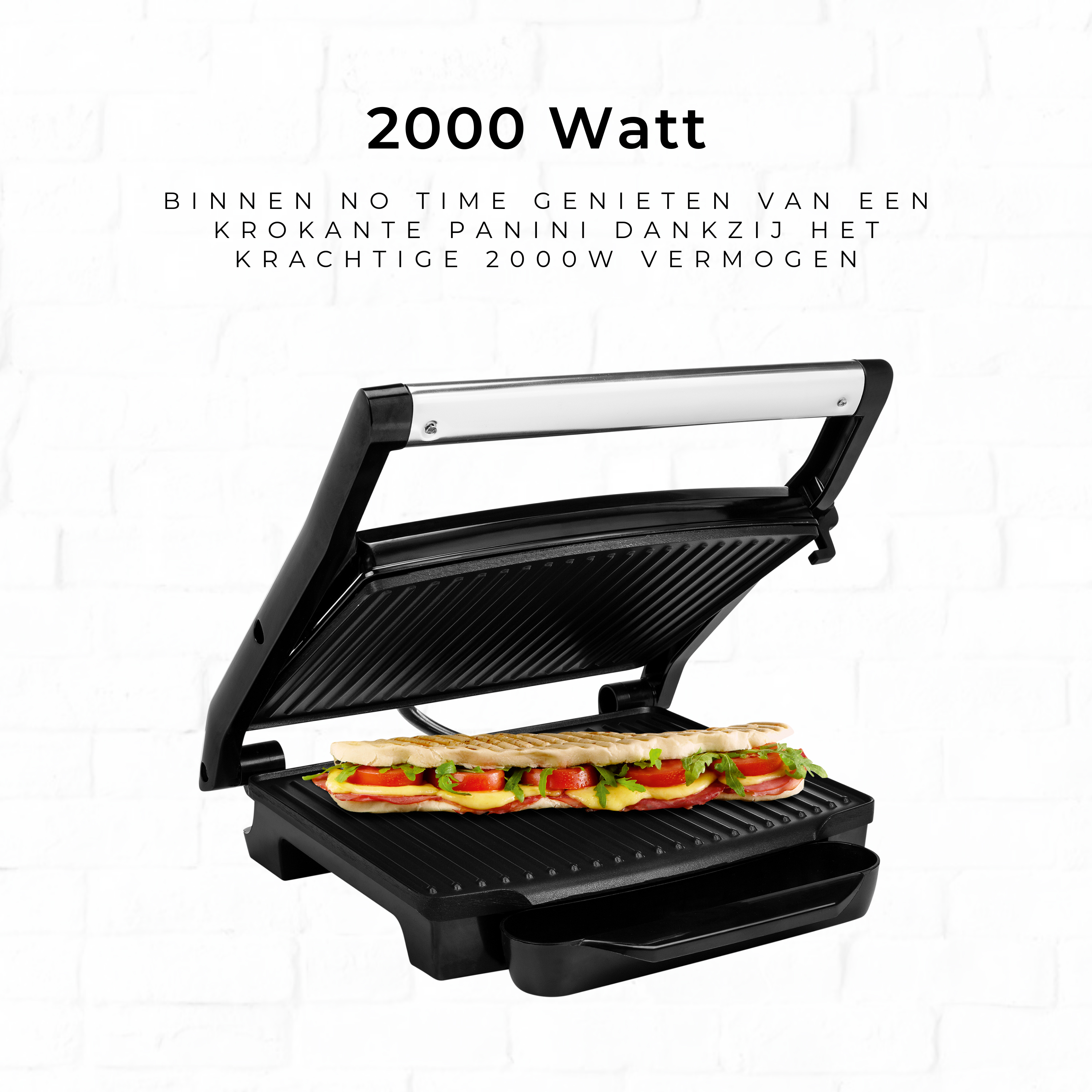 Panini grill with a sandwich inside, open, black. Text: 2000 Watt.