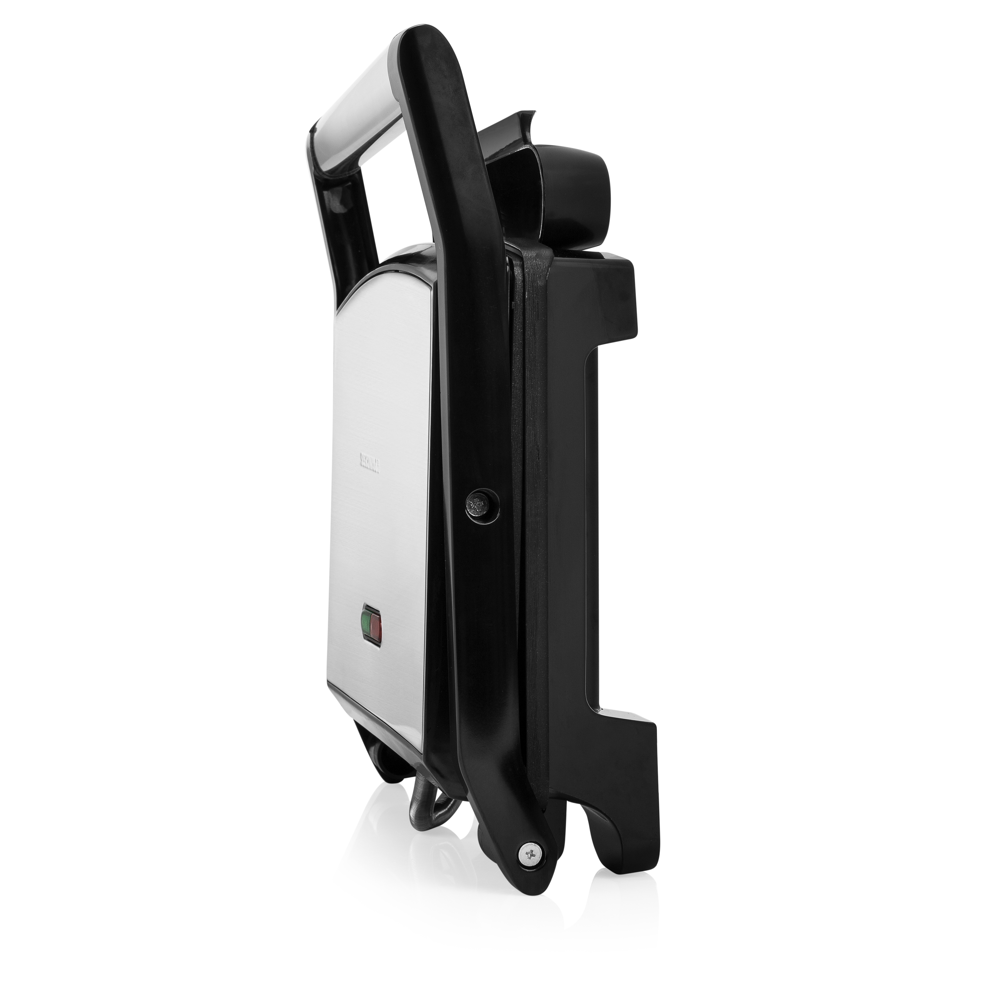 Panini grill, closed, side view. Silver top, black base. Red and green light.