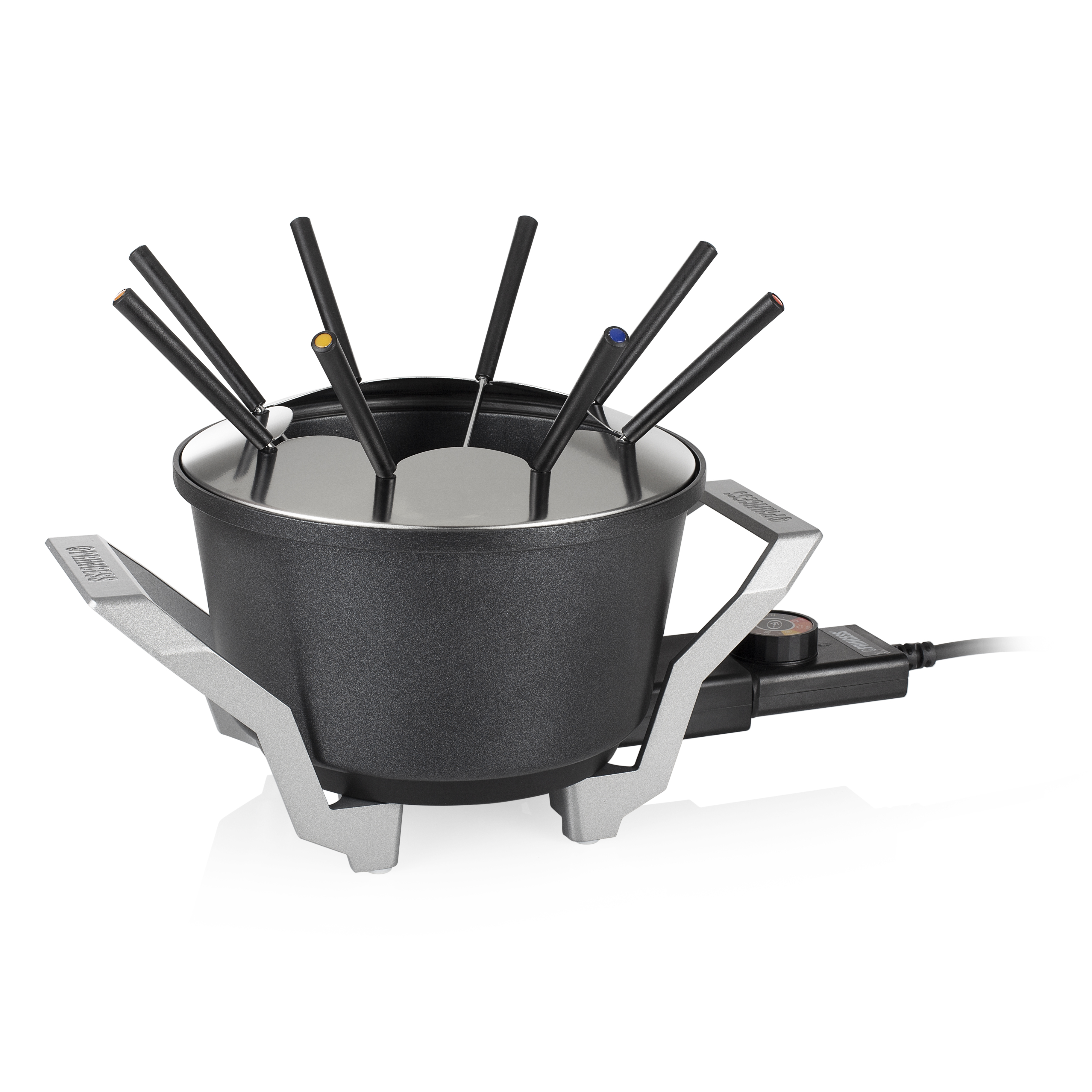 A black fondue pot with forks. It is on a white background with a control.