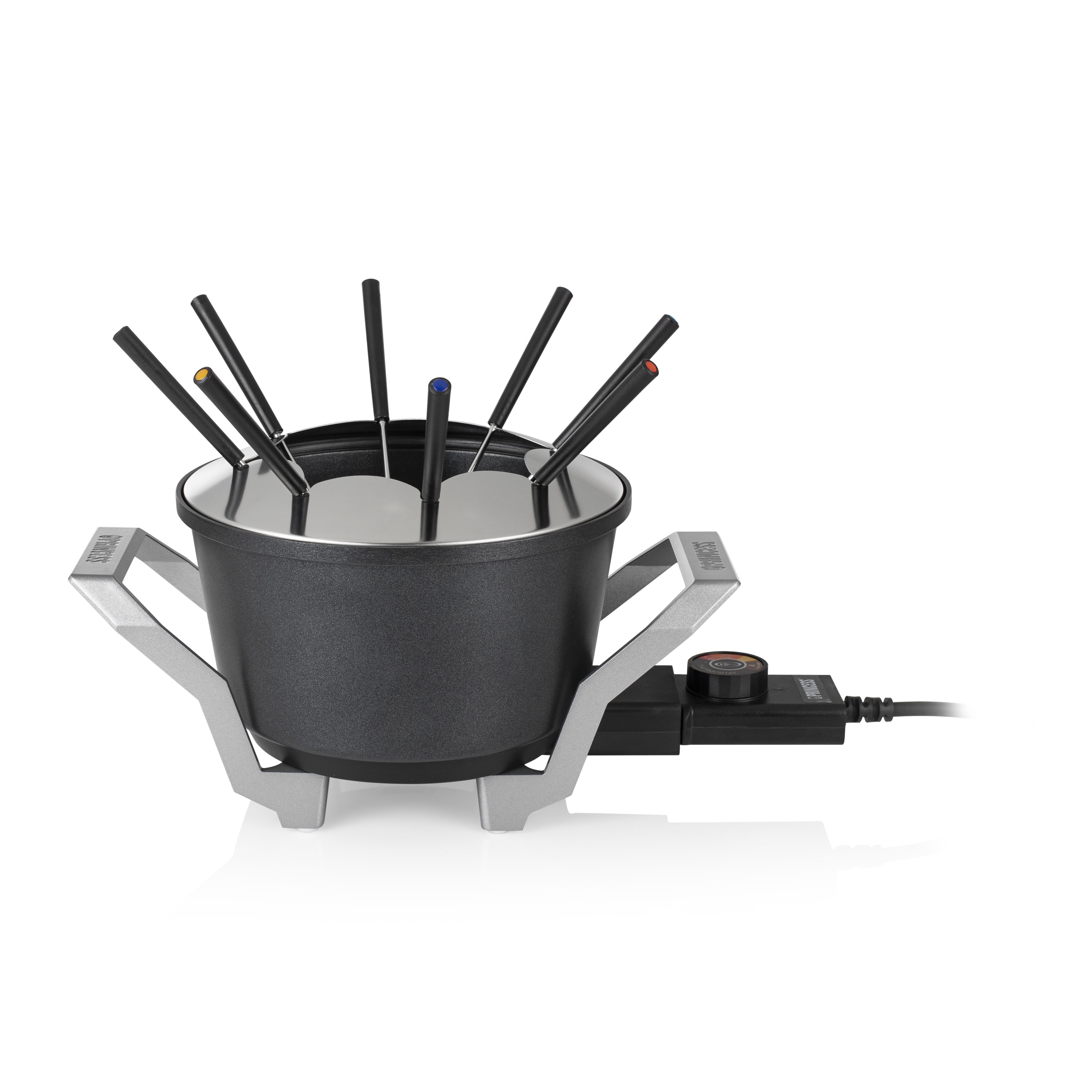 A fondue pot with forks, on a white surface.
