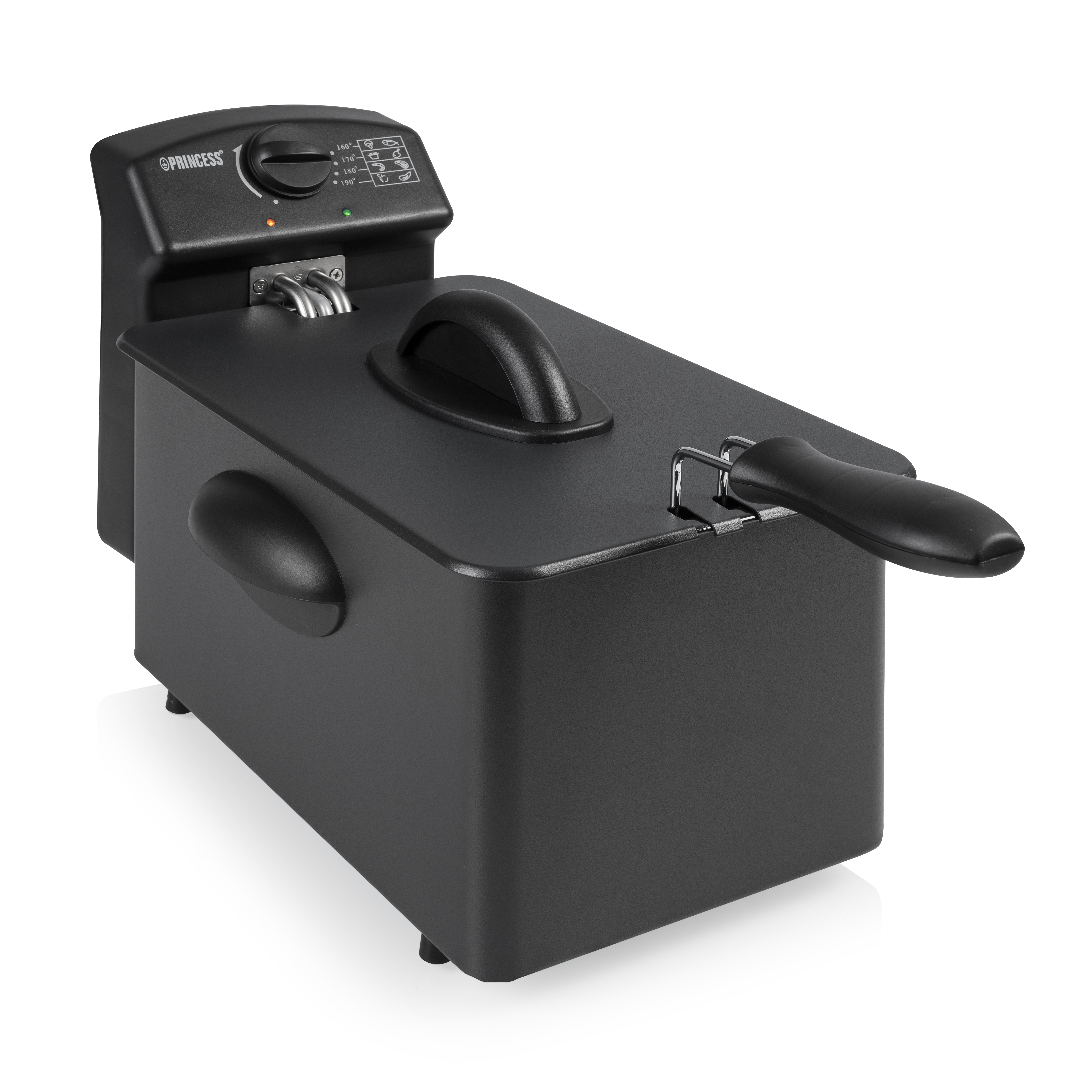 Black deep fryer, open, with a handle and control panel on top.