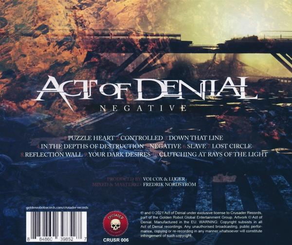 Albumcover für Act of Denial's Negative, mit Text und einem Landschaftsbild.