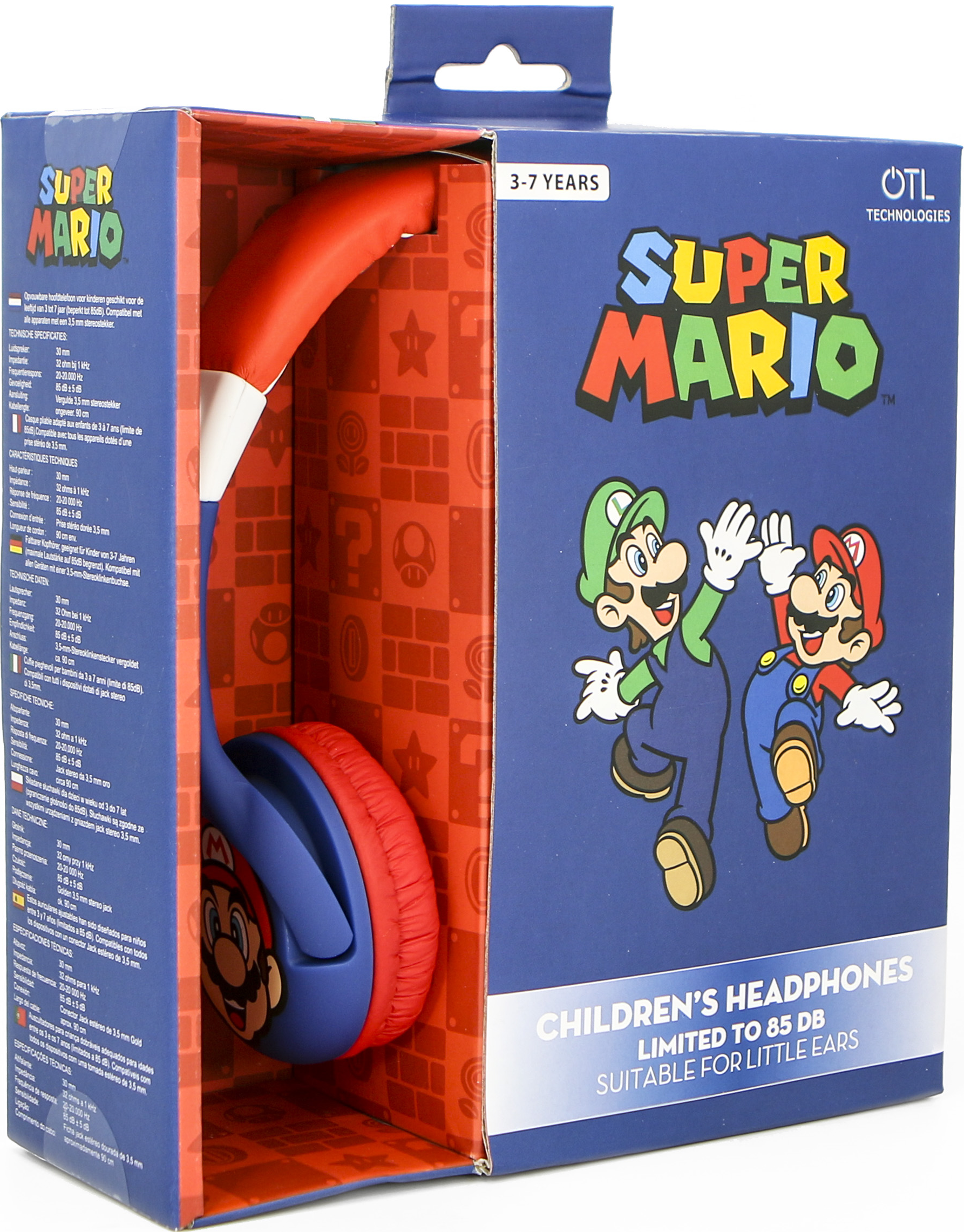 Una scatola con grafica di Super Mario, contenente cuffie rosse e blu. La scatola mostra Luigi e Mario.