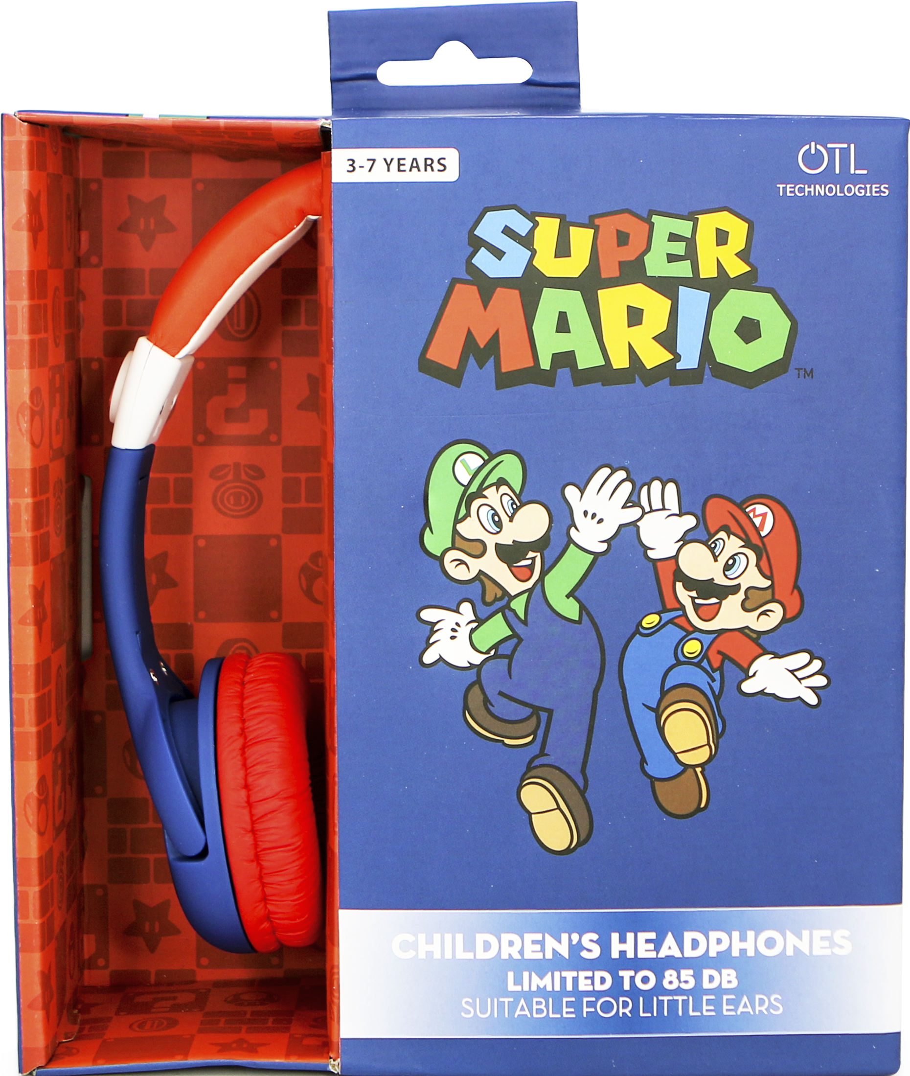 Cuffie in scatola di Super Mario. Cuffie blu e rosse a sinistra, Mario e Luigi a destra.