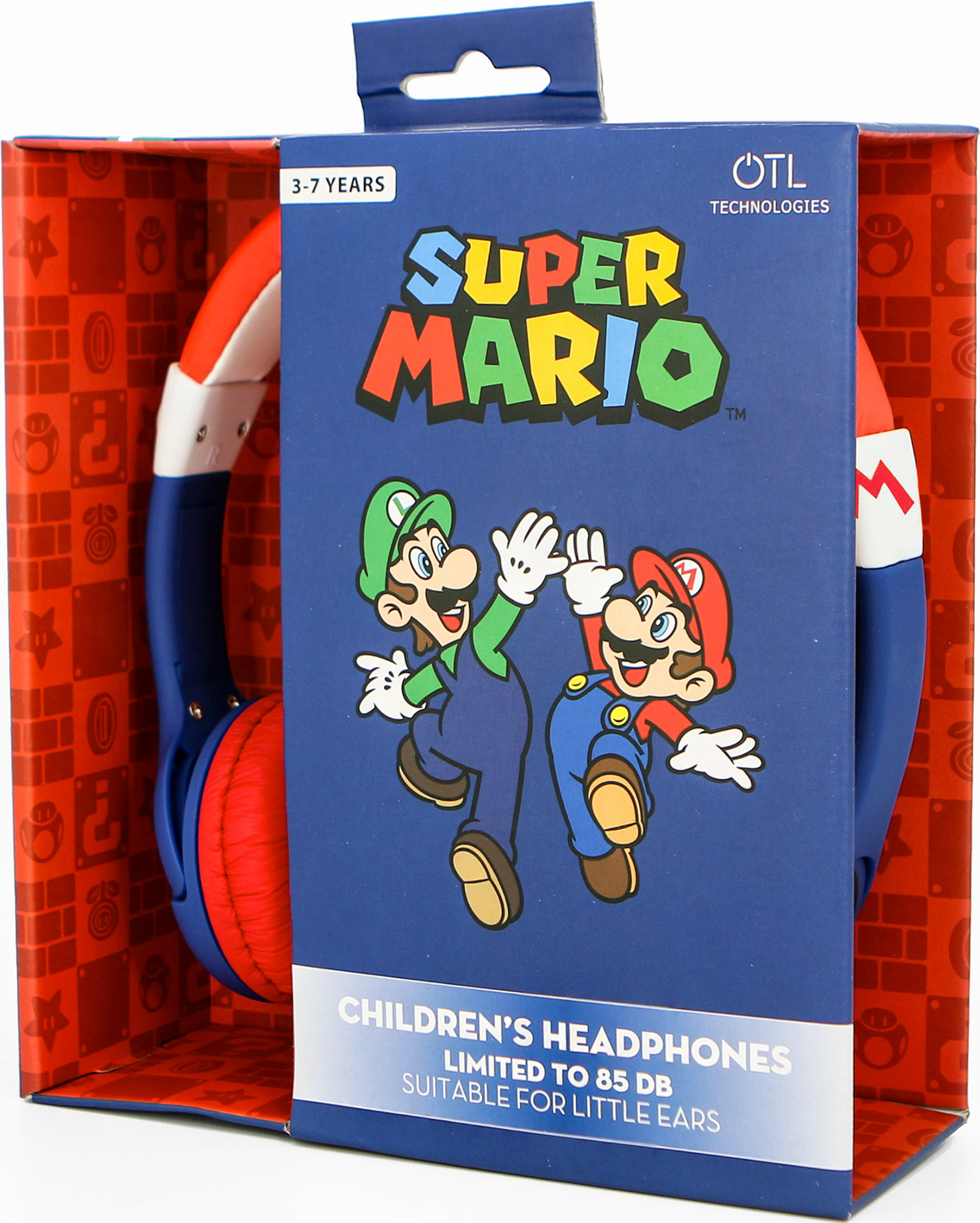 Cuffie in una scatola con i personaggi di Super Mario. Sono visibili cuffie blu e rosse.