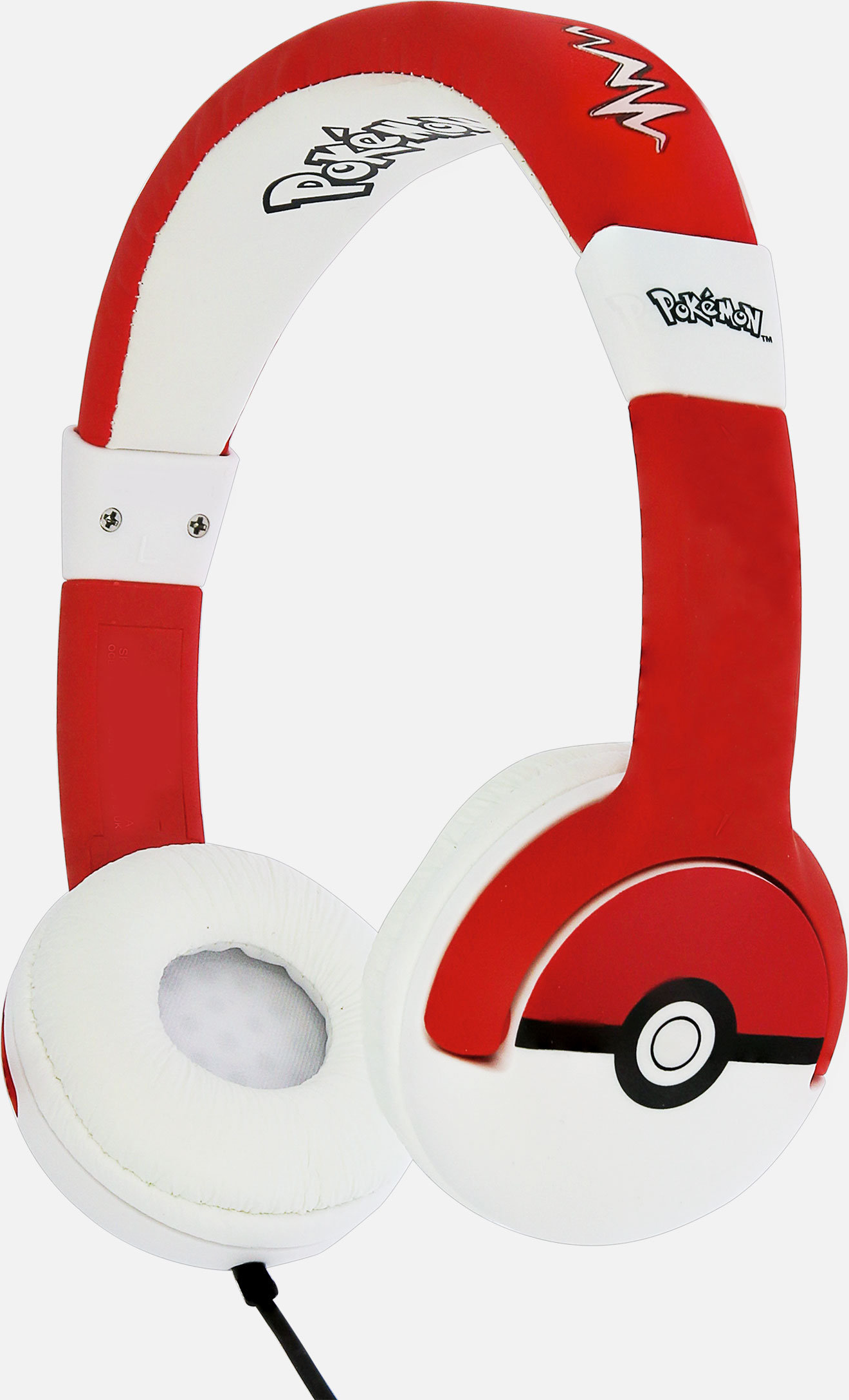 Cuffie Pokémon rosse e bianche con cavo nero.