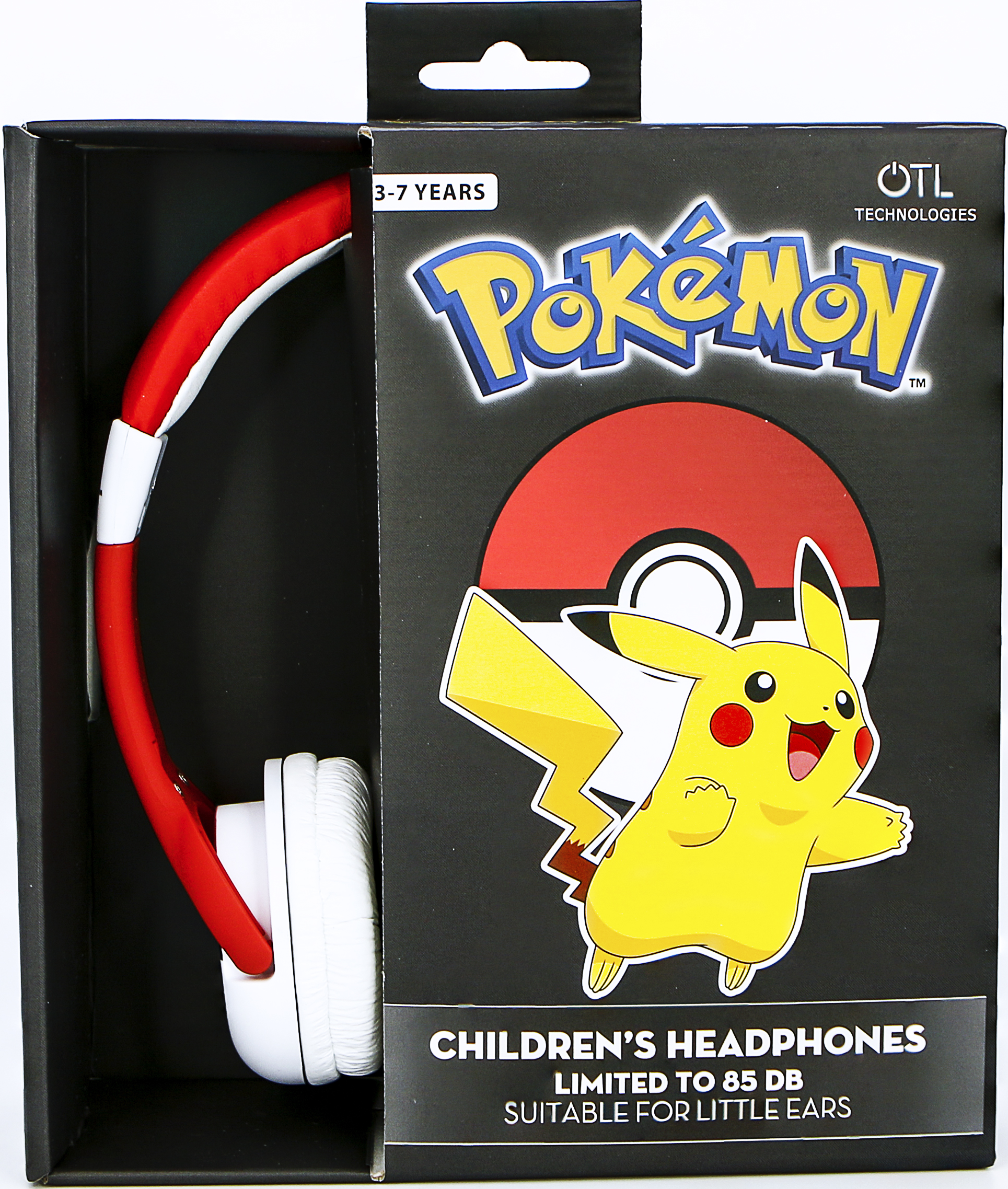 Cuffie in una scatola. Pikachu sulla scatola, cuffie rosse e bianche visibili.