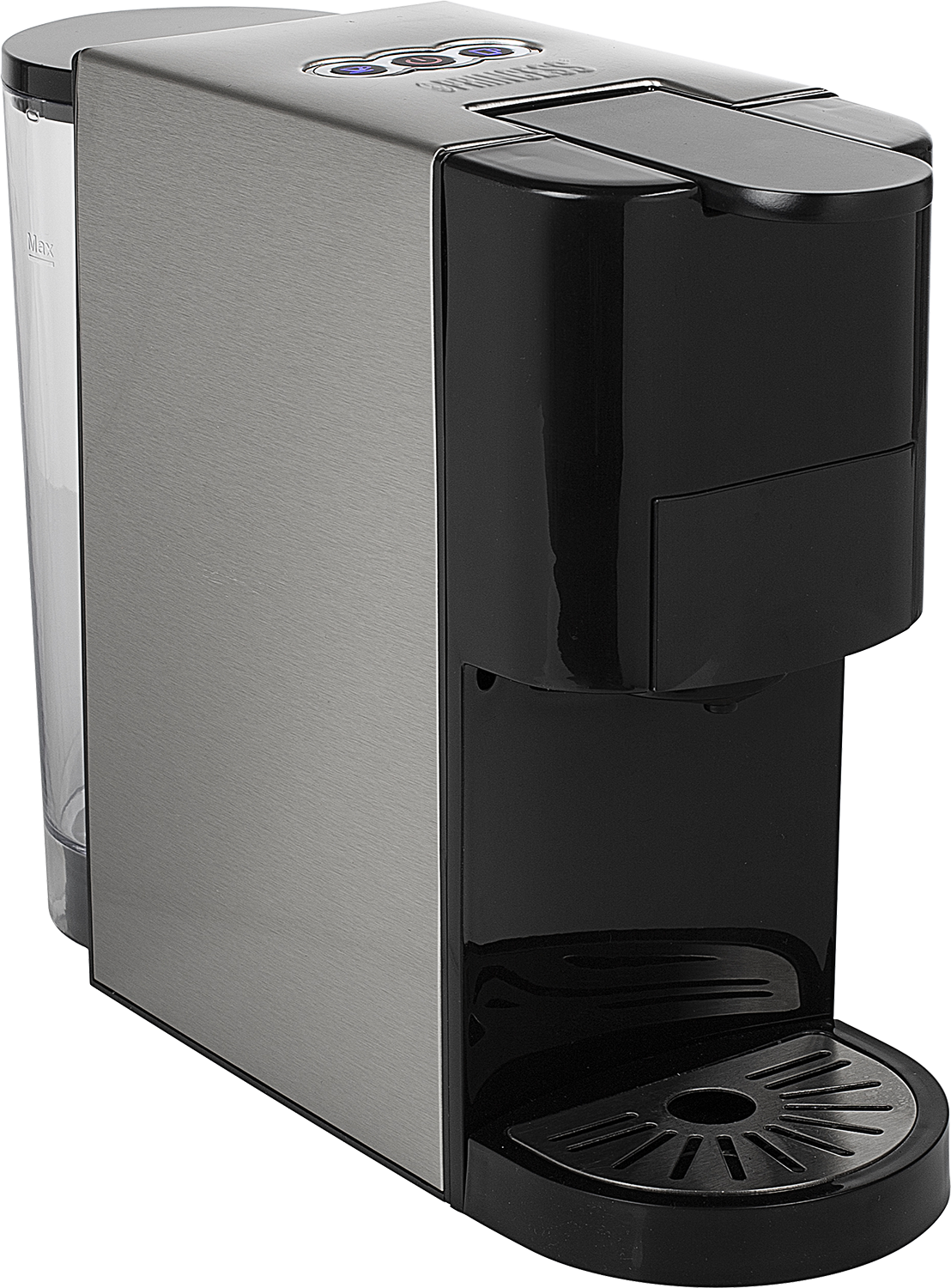 Zilver-zwarte koffiemachine. Watertank links zichtbaar.