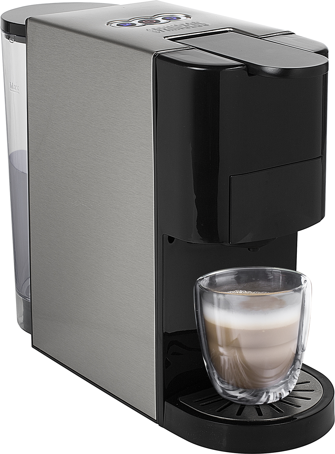 Koffiezetapparaat met zwart en zilver design, en een glas koffie.