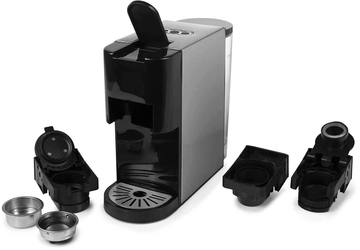 Een zwart-zilveren koffiemachine met afneembare onderdelen. Drie afneembare onderdelen zijn ervoor geplaatst.
