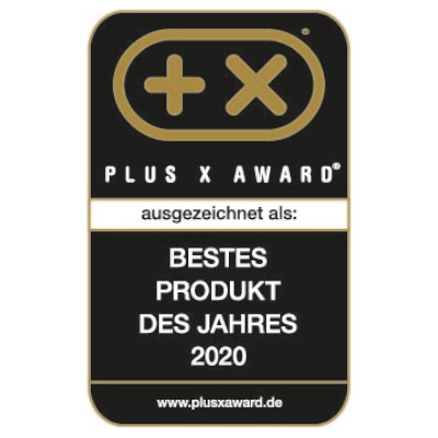 Ein schwarz-goldenes Auszeichnungszertifikat mit der Aufschrift Bestes Produkt des Jahres 2020.