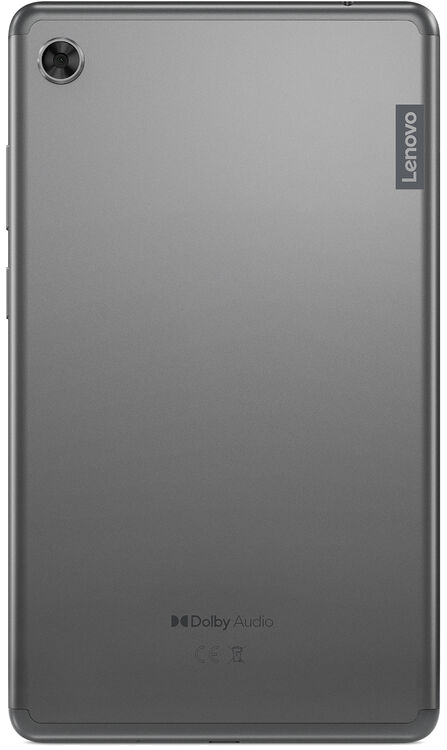 Szürke Lenovo tablet hátlap. Kamera bal felül. Dolby Audio logó és Lenovo márka jelen. Sima, fém felület.