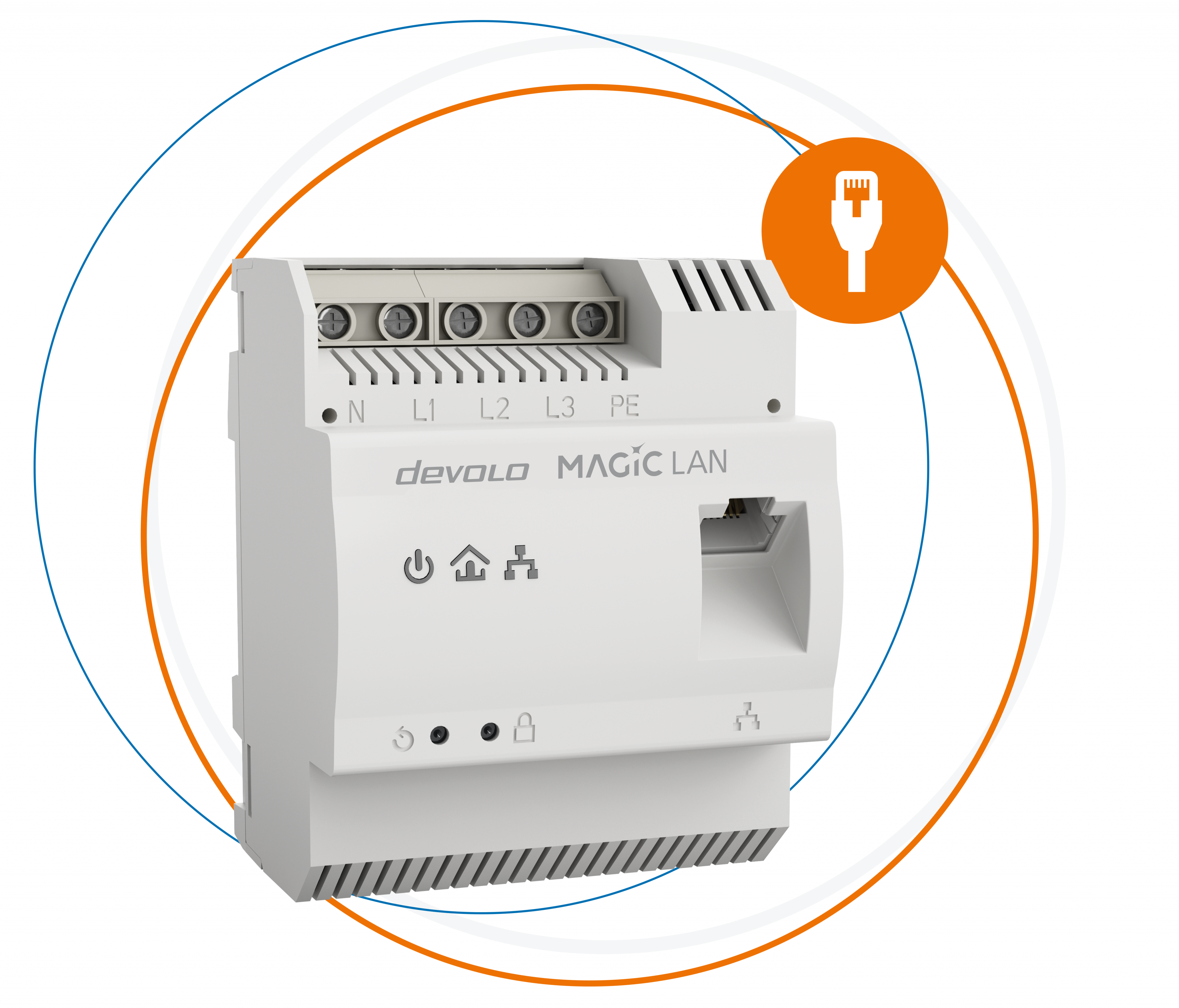 Weißes devolo MAGIC LAN-Gerät mit Anschlussports, Ethernet-Symbol und Symbolen auf schwarzem Hintergrund.