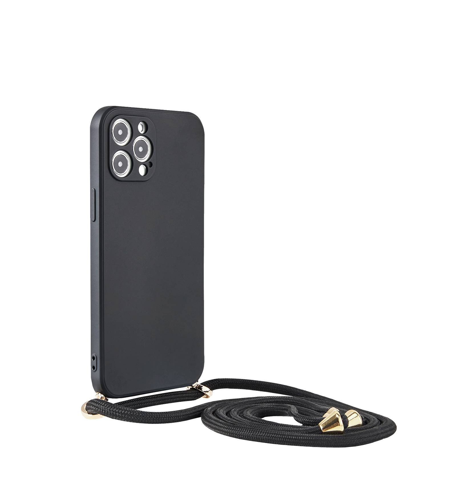 Schwarzes Smartphone mit schwarzem Kabel und goldenen Details auf weißem Hintergrund.
