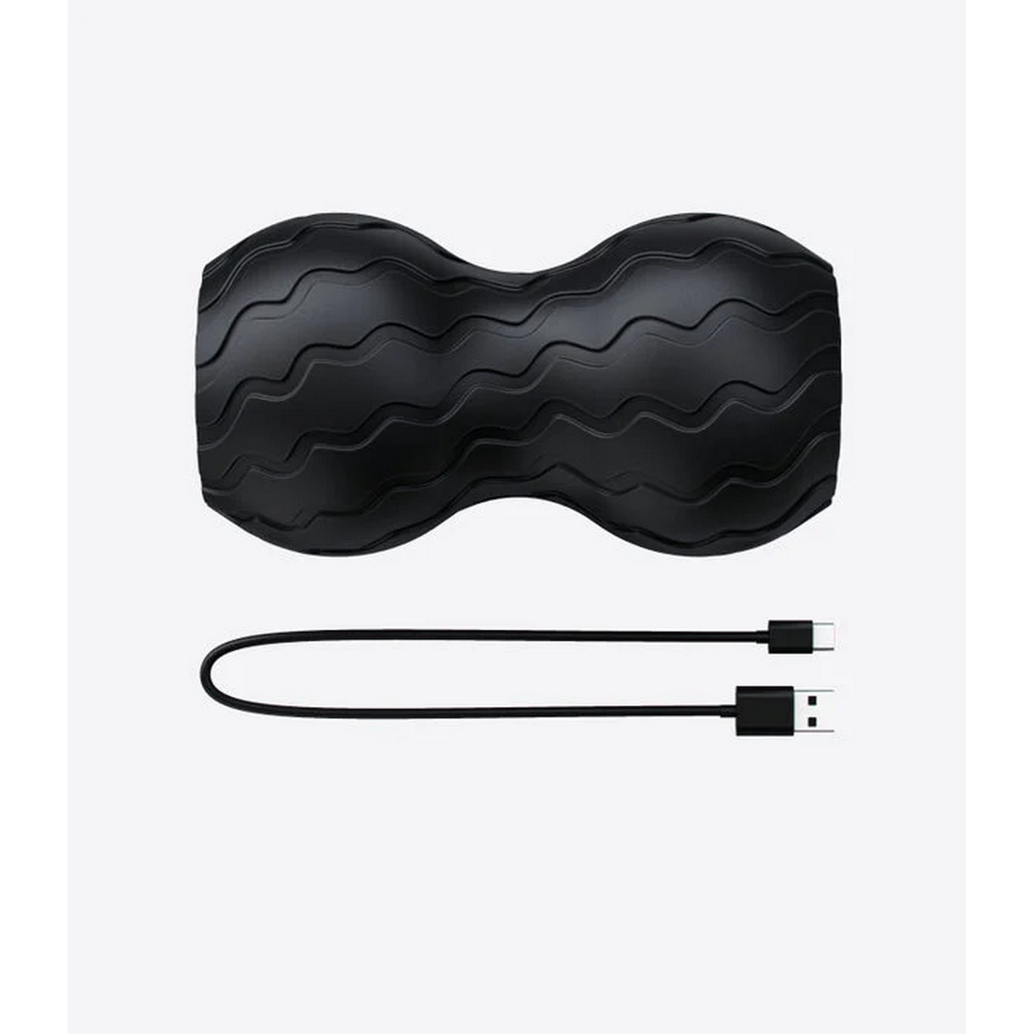 Rodillo de espuma negro con dos curvas y un cable USB negro.