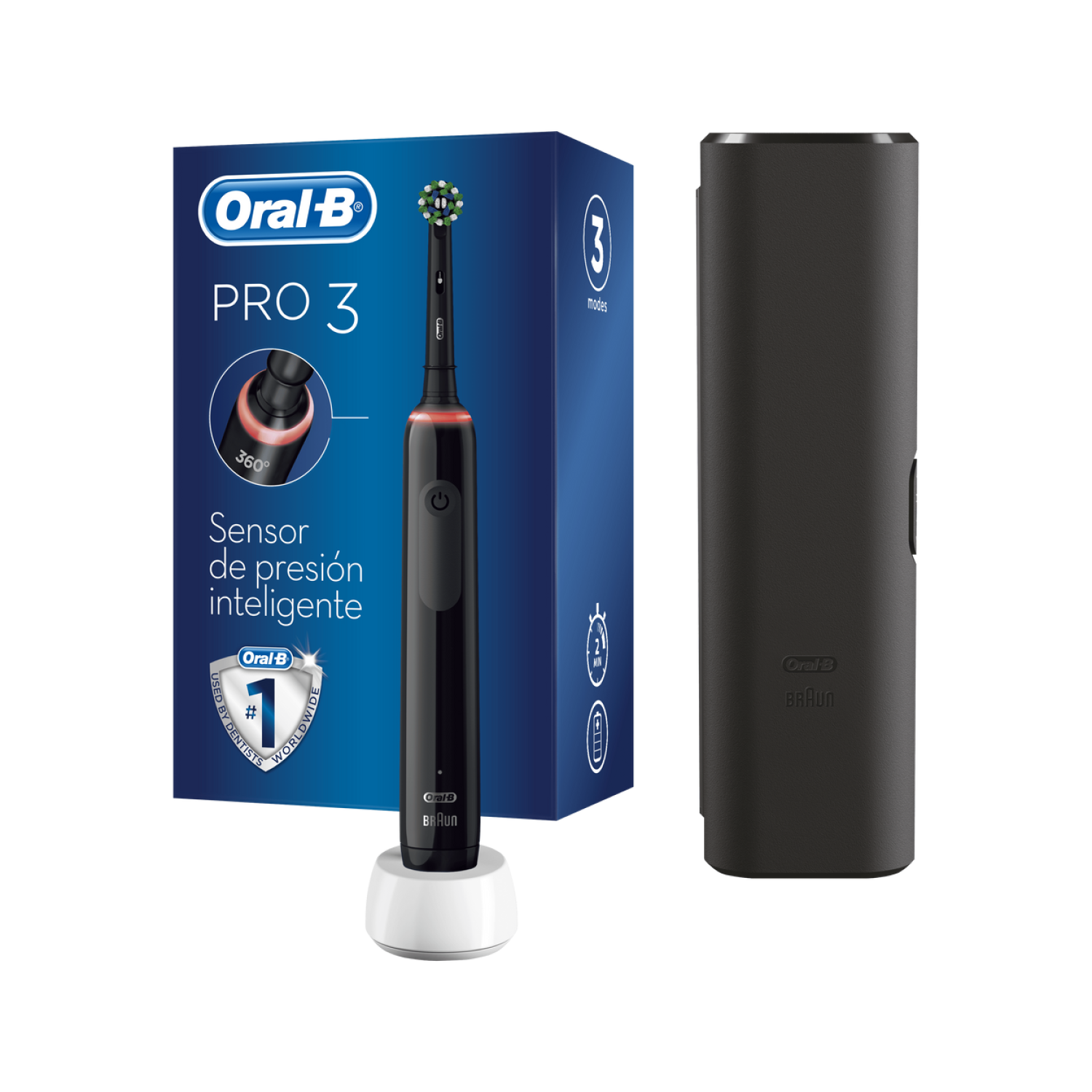 Cepillo eléctrico - Oral-B Pro 3 3500, Recargable, Temporizador, Con Estuche de Viaje, Sensor presión, Negro