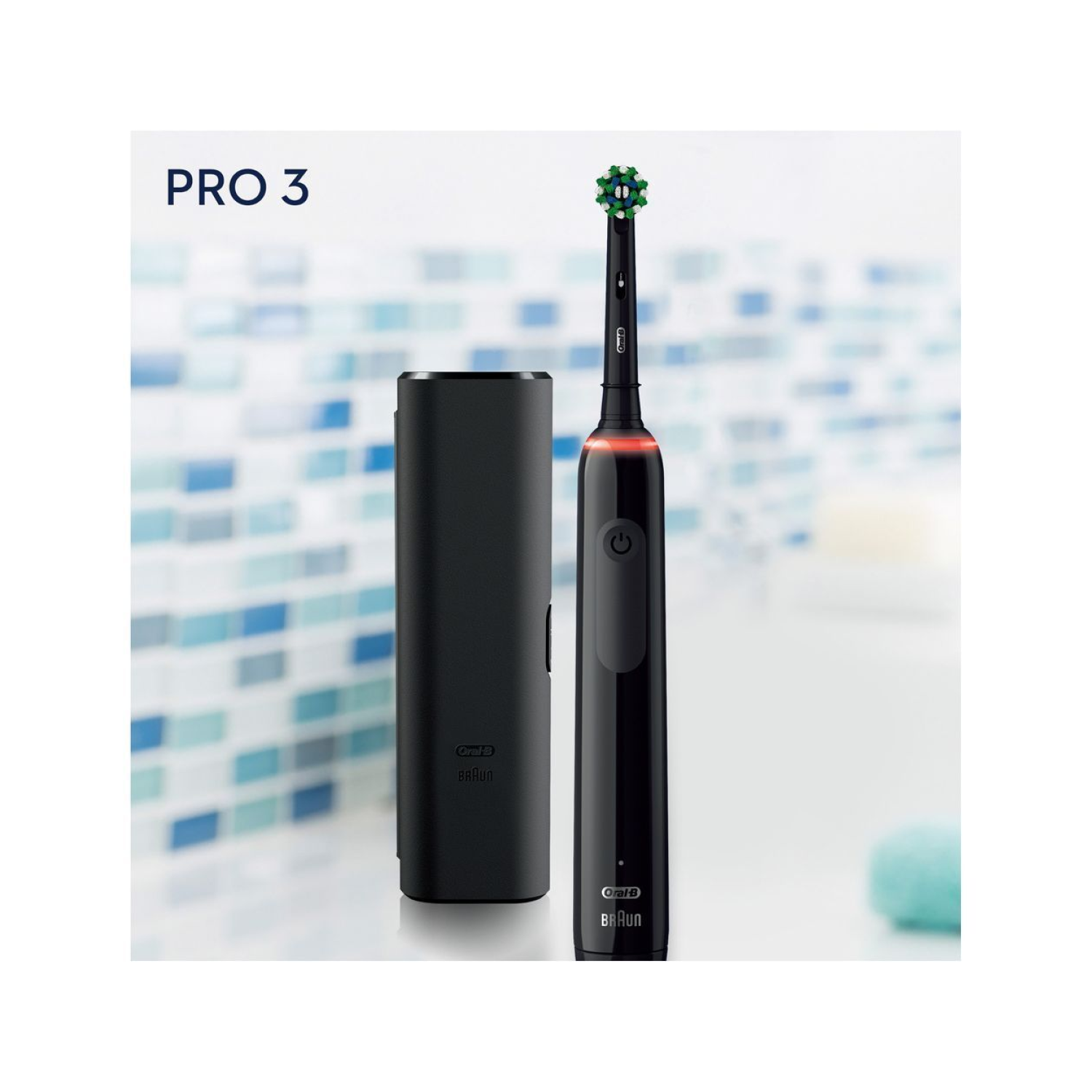 Cepillo de dientes eléctrico negro y cargador, con fondo de azulejos azules y blancos.