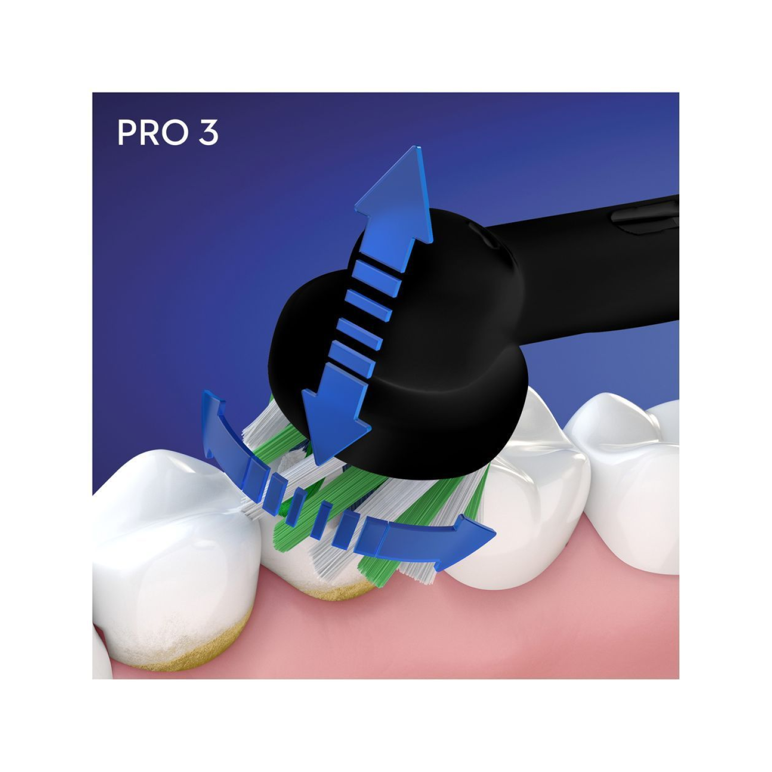Primer plano de cepillo dental eléctrico negro limpiando dientes. Cerdas verdes y flechas azules.